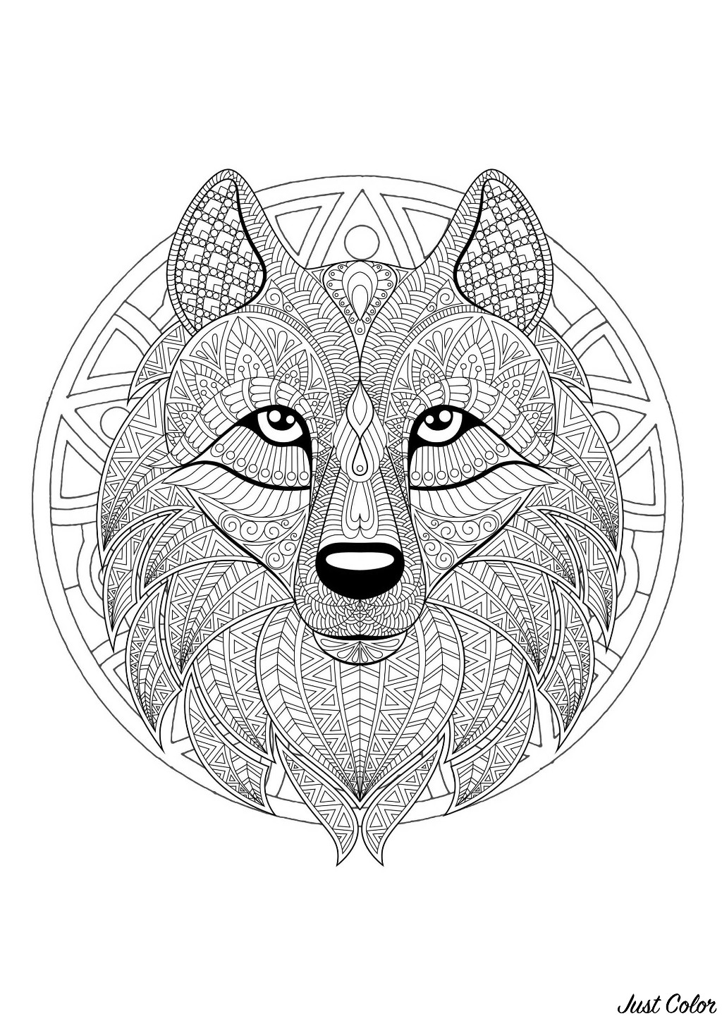 Mandala com padrões geométricos e cabeça de lobo cheia de detalhes  complexos - Mandalas - Coloring Pages for Adults