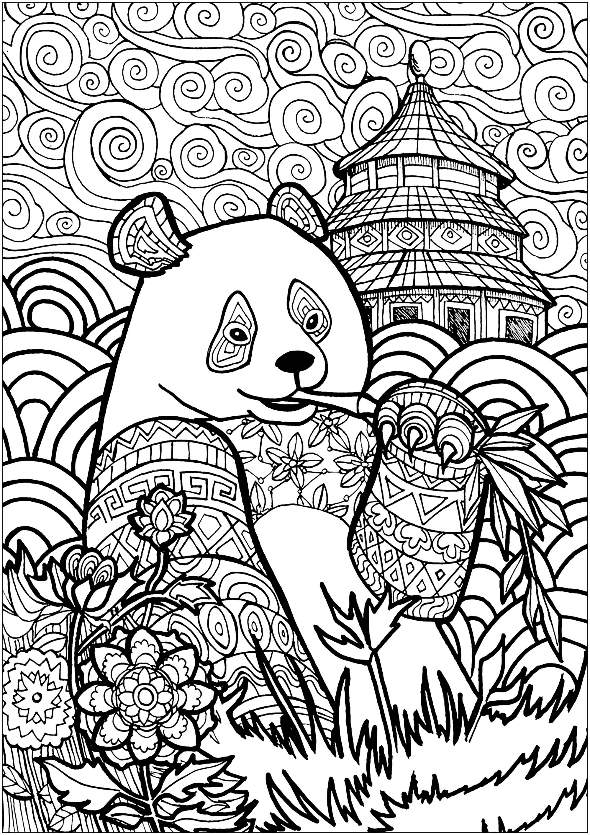 Desenho de Panda come bambu para colorir