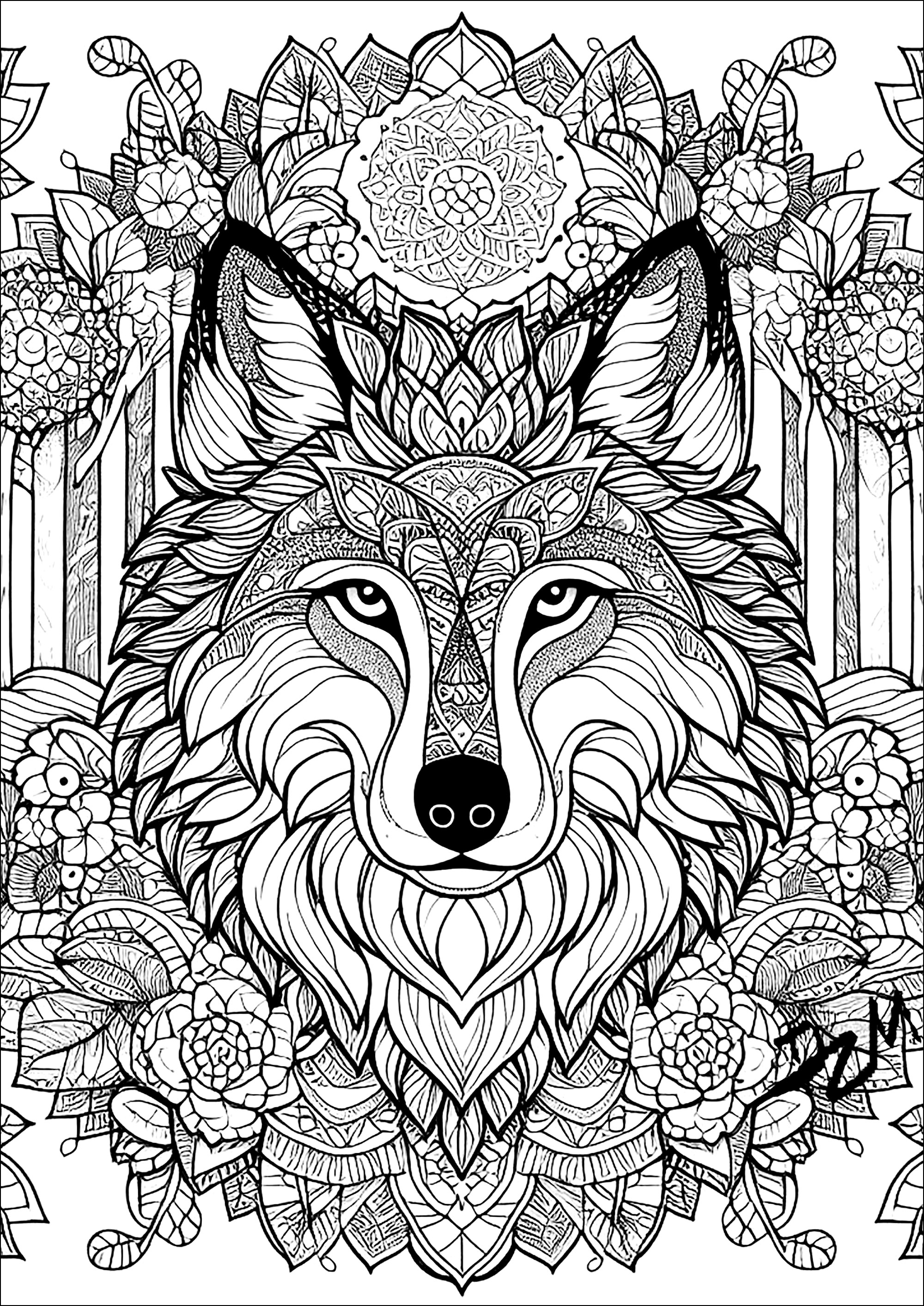 O lobo e as mandalas - Lobos - Desenhos para colorir para adultos