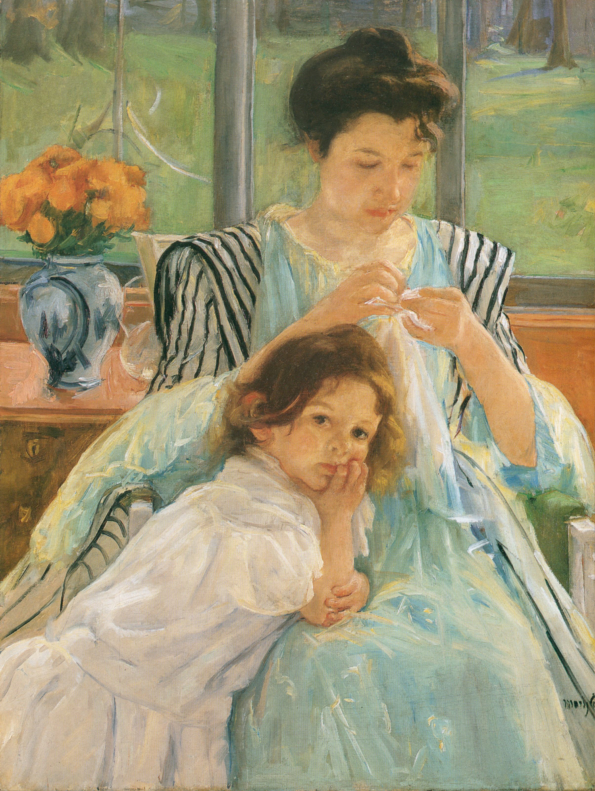 Mary Cassatt Young Mother Sewing Masterpieces Adult Coloring Pages   Jeune Mere Cousant Mary Cassatt 