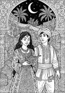 Aladdin and the magic lamp under the crescent moon