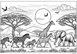 Printable Mountain Coloring Page for adults : Safari in Africa: Walking majestic animals