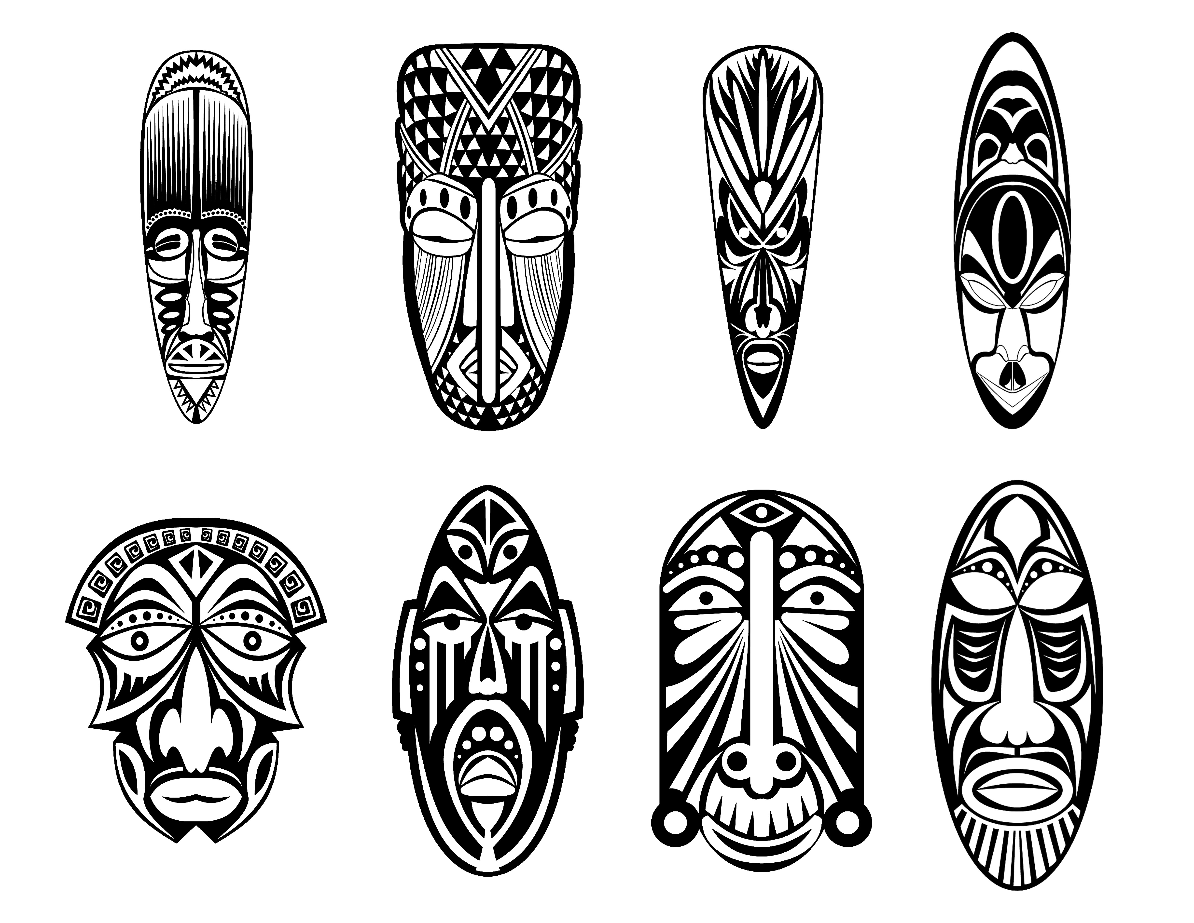 12 different African masks to color