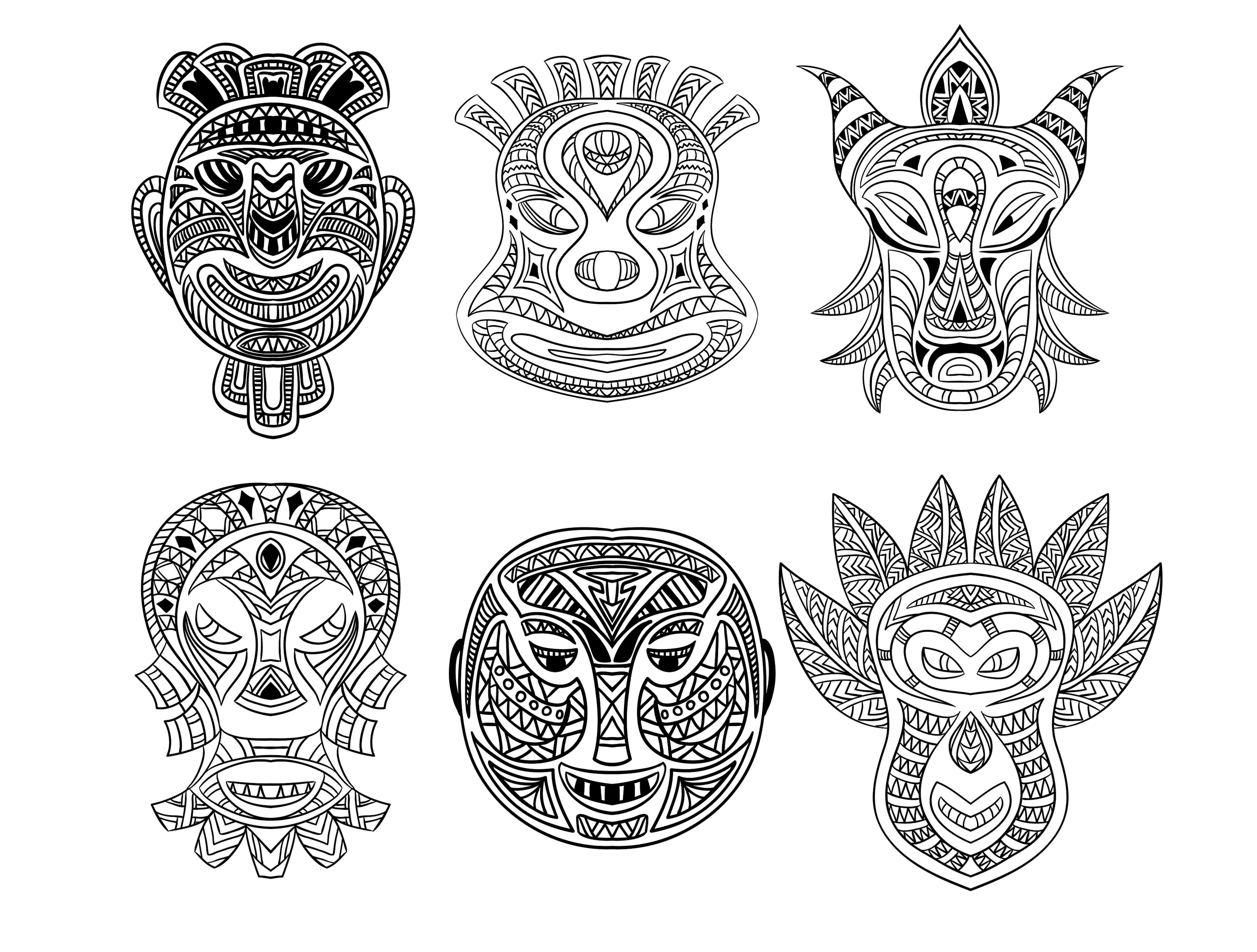 Six African masks to color. Masks in various shapes and patterns