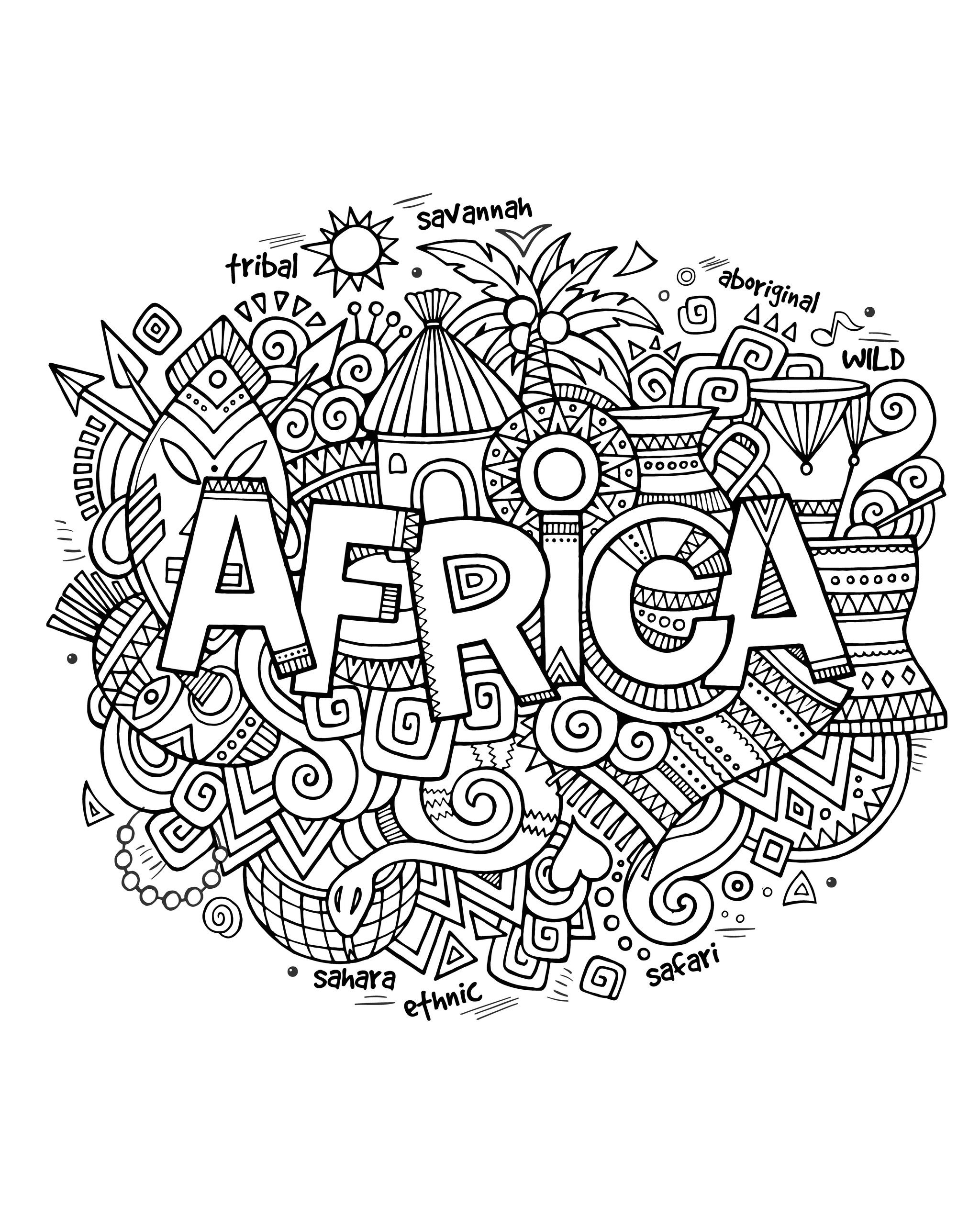 Drawing with the word 'Africa' and a lot of symbols of this continent around