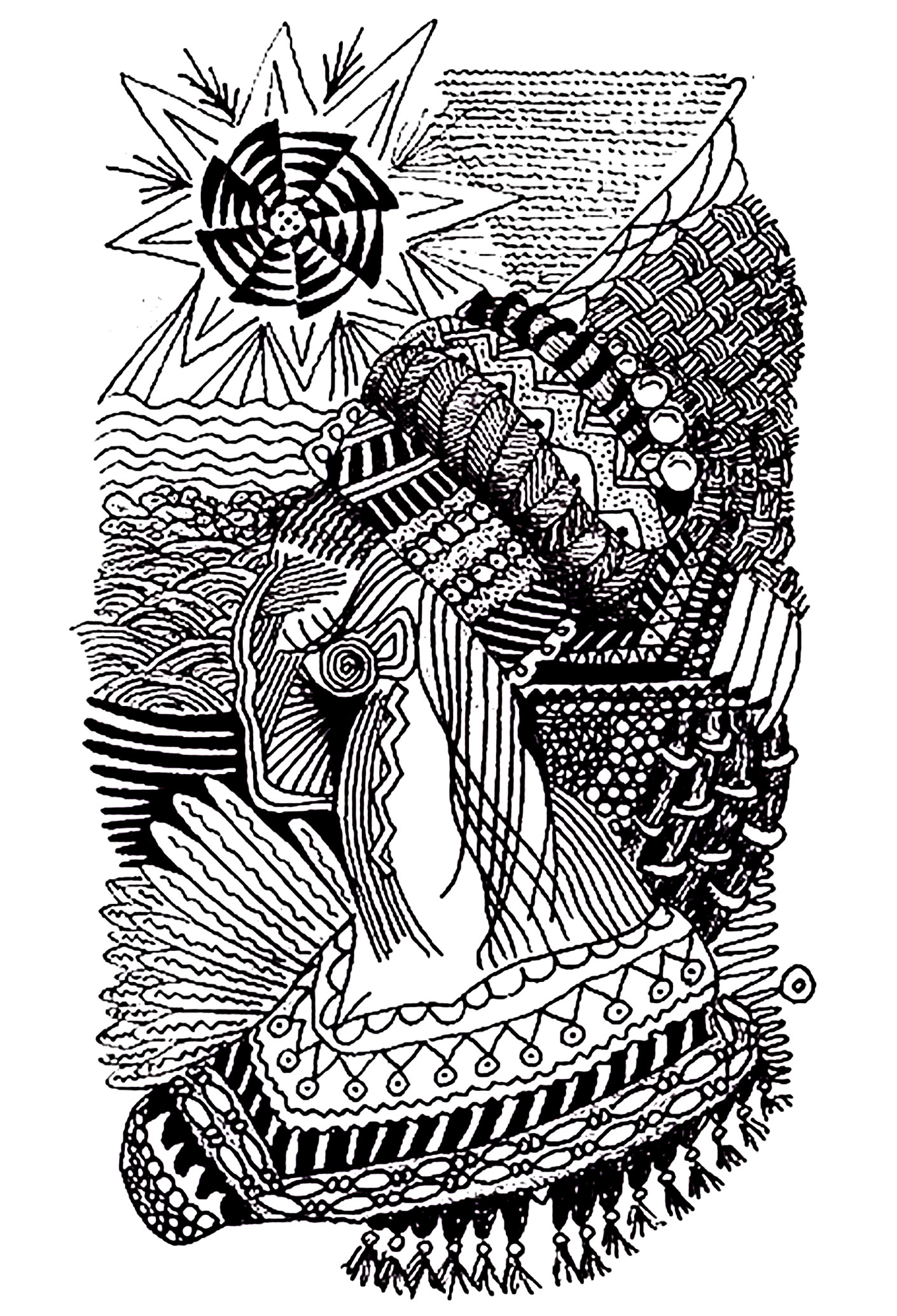 Drawing of an African woman, using zentangle motifs. The lines are drawn with a certain softness, and the Zentangle patterns add a touch of originality and sophistication.This coloring page is a great way to escape and reconnect with your creative side.