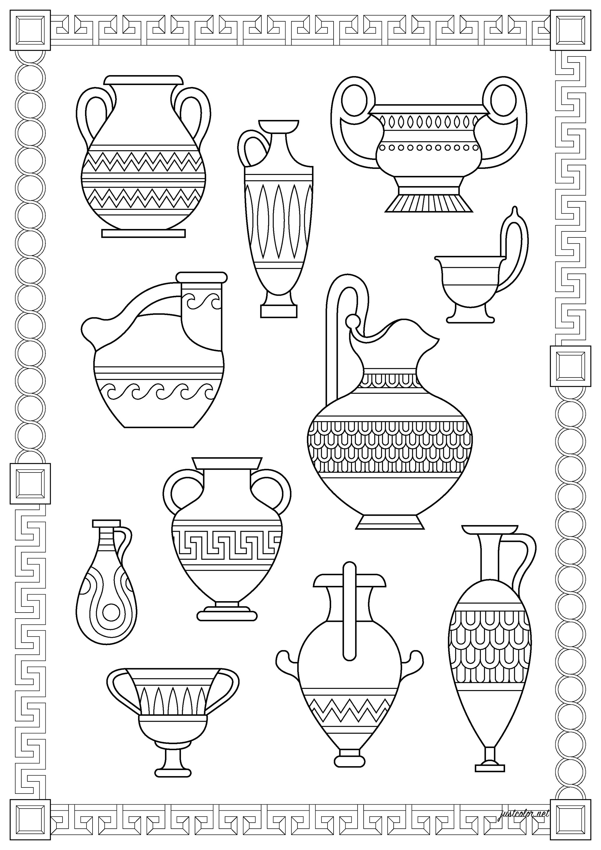 Inventory of different Greek vases. The pottery of ancient Greece from c. 1000 to c. 400 BCE provides some of the oldest and most diverse representations of the cultural beliefs and practices of the ancient Greeks and also some of the most distinctive vase shapes from antiquity, Artist : Lucie