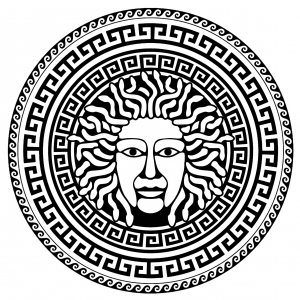 Medusa in the center of a circle of typical Greek motifs