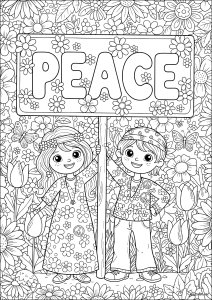 Happy children carrying a "PEACE" sign