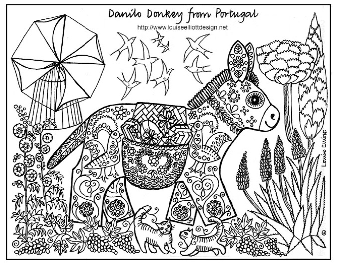 Coloring page of a nice donkey in his environnement