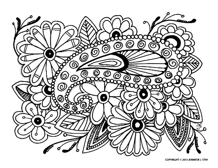 Coloring page of elegant flowers with a big Paisley pattern in the middle Like this art? Download more of Jennifer Stay’s pages at www.coloringpagesbliss.com, Artist : Jennifer Stay
