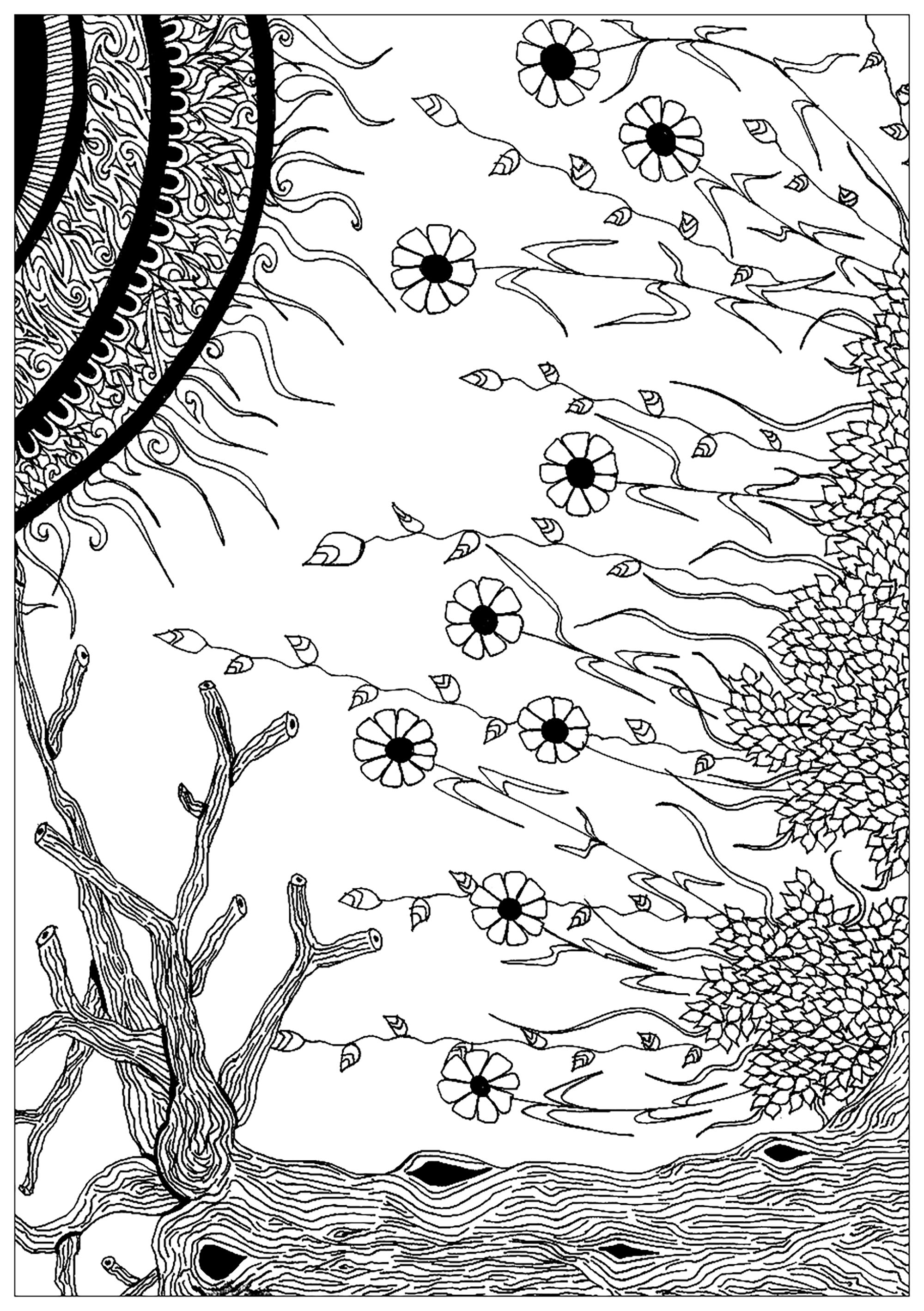 Drawing composed of plant elements, representing the meeting between spermatozoa and an egg, Artist : Elanise Art