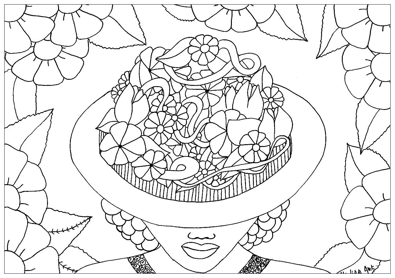 Woman with her face hidden behind a flowered hat, Artist : Elanise Art