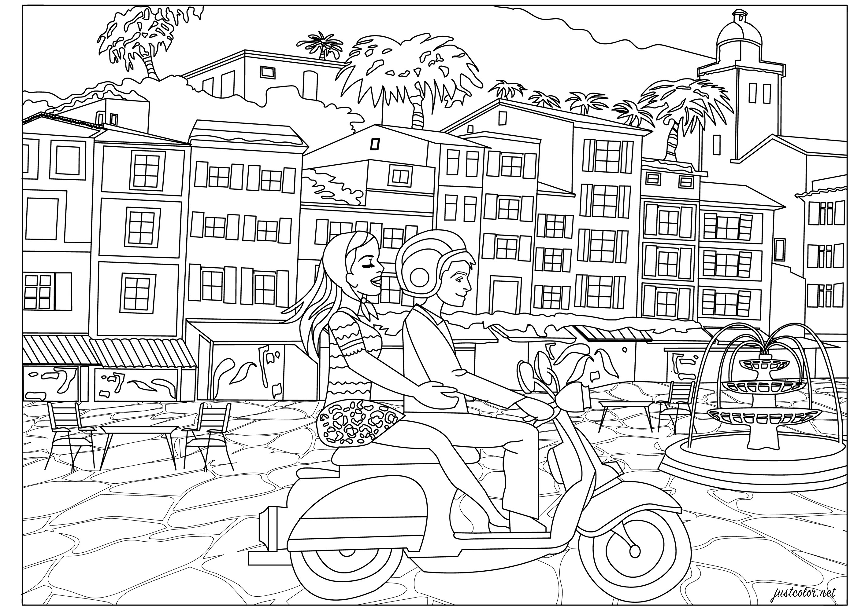 Italian-style vacation for this young couple on their vespa scooter. Stroll along the coast through pretty villages... Color these typical Italian houses, the fountain in the square, the scooter and recreate the 'dolce vita' atmosphere!, Artist : Morgan