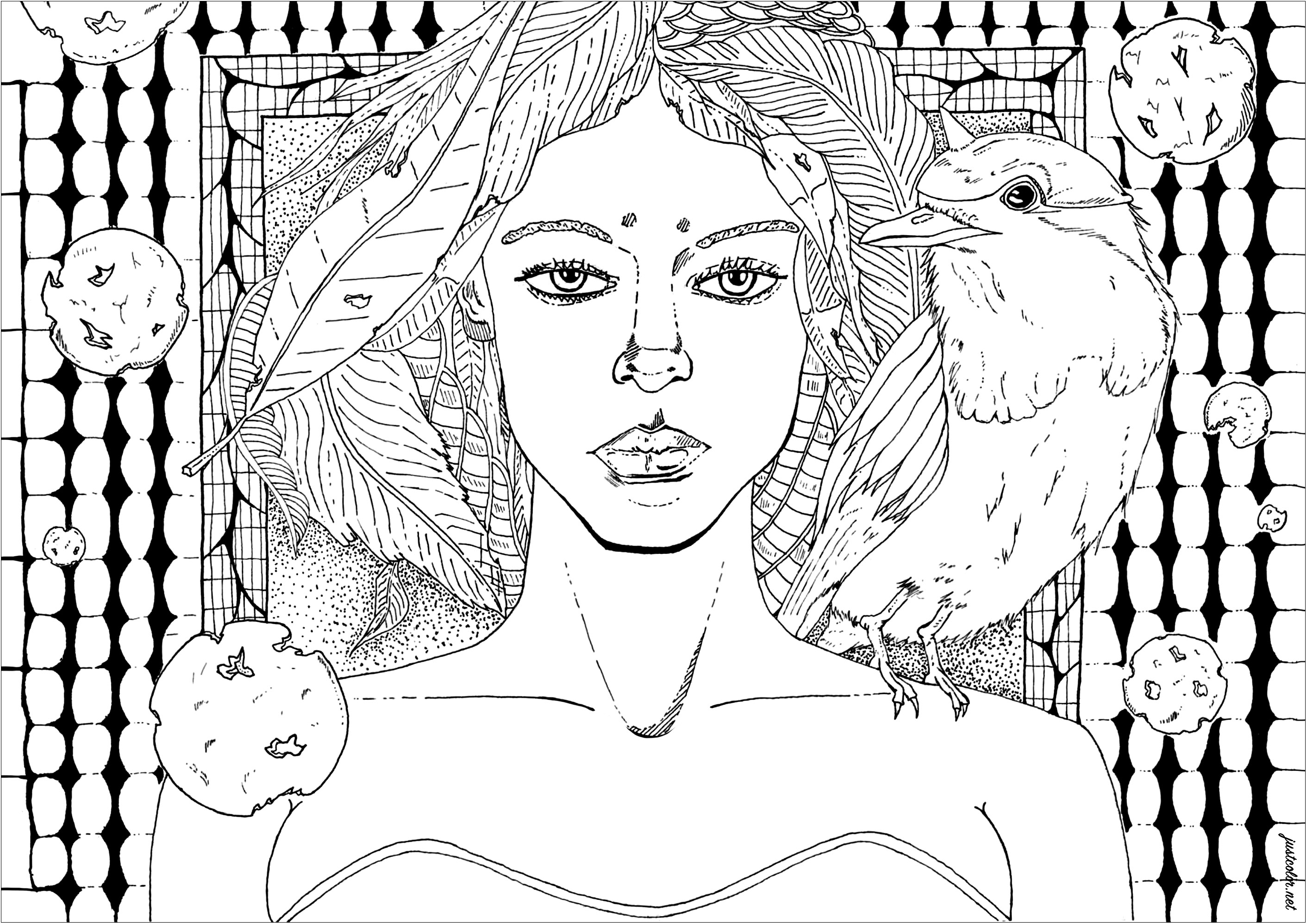 Deep-eyed woman, wearing a crown of leaves, with a raven on her shoulder. This elegant woman holds a raven on her shoulder and looks at you with an expression of calm and serenity. The woman and raven are in harmony, and their presence gives a feeling of peace and tranquility. Many coloring leaves in the figure's hair and in the background.