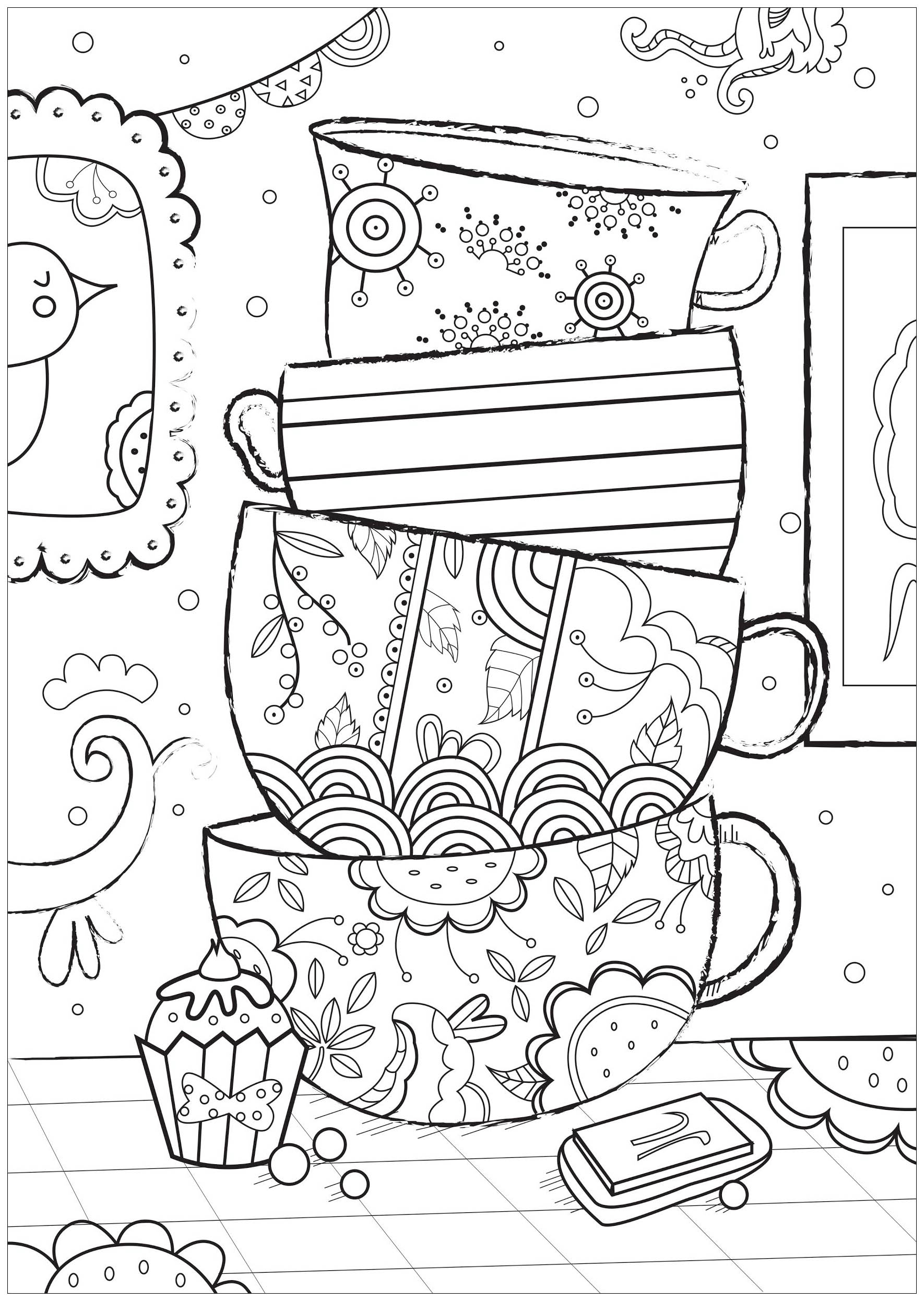 Pretty coloring cups. Color these beautiful stacked mugs. Each mug features unique designs, from abstract motifs to floral shapes.You can choose different colors for each mug and why not add patterns and designs to personalize them, Artist : Gaelle Picard