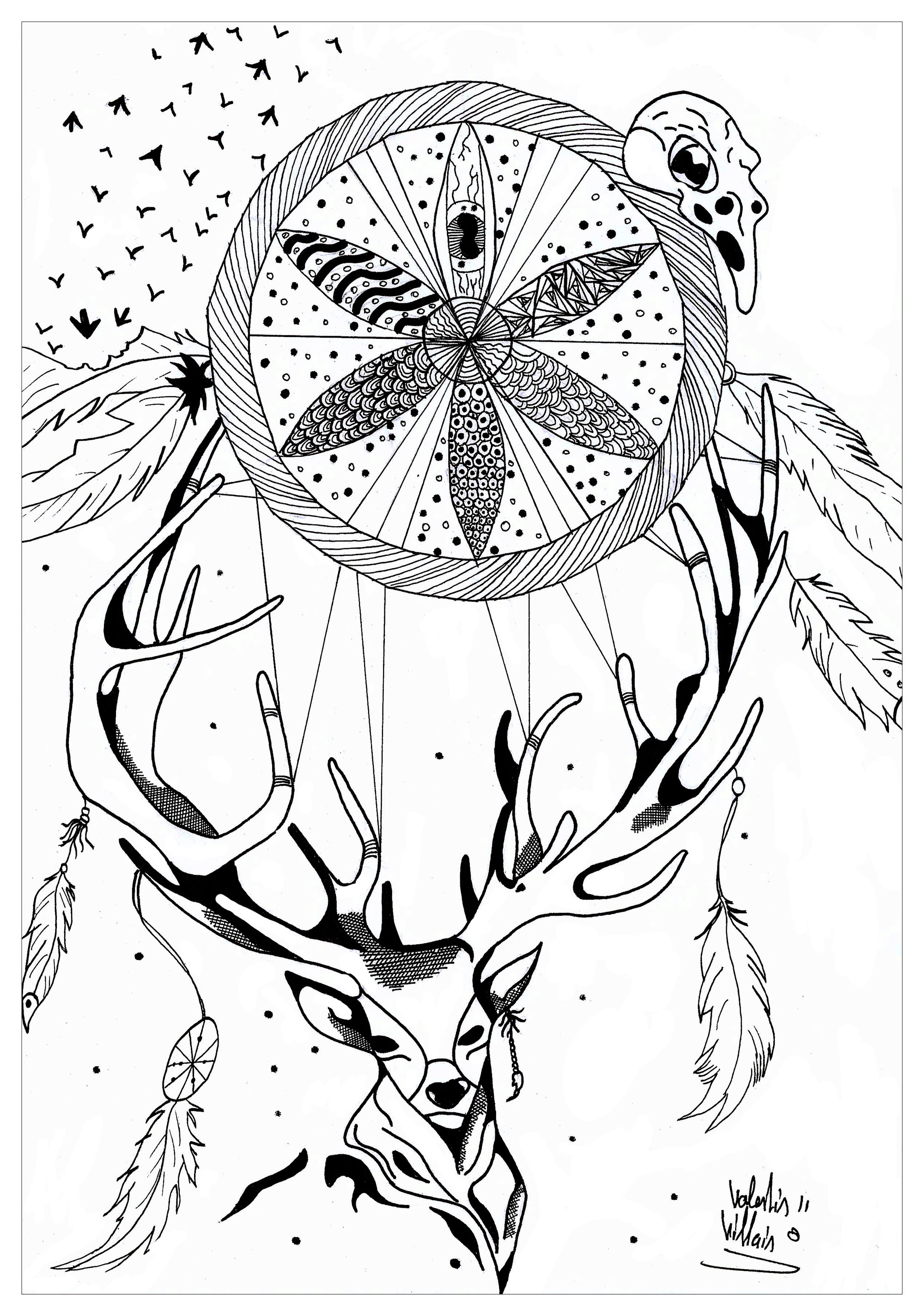 Coloring page of a deer with a dreamcatcher. This original drawing represents a deer with beautiful antlers, supporting an incredible dreamcatcher, Artist : Valentin