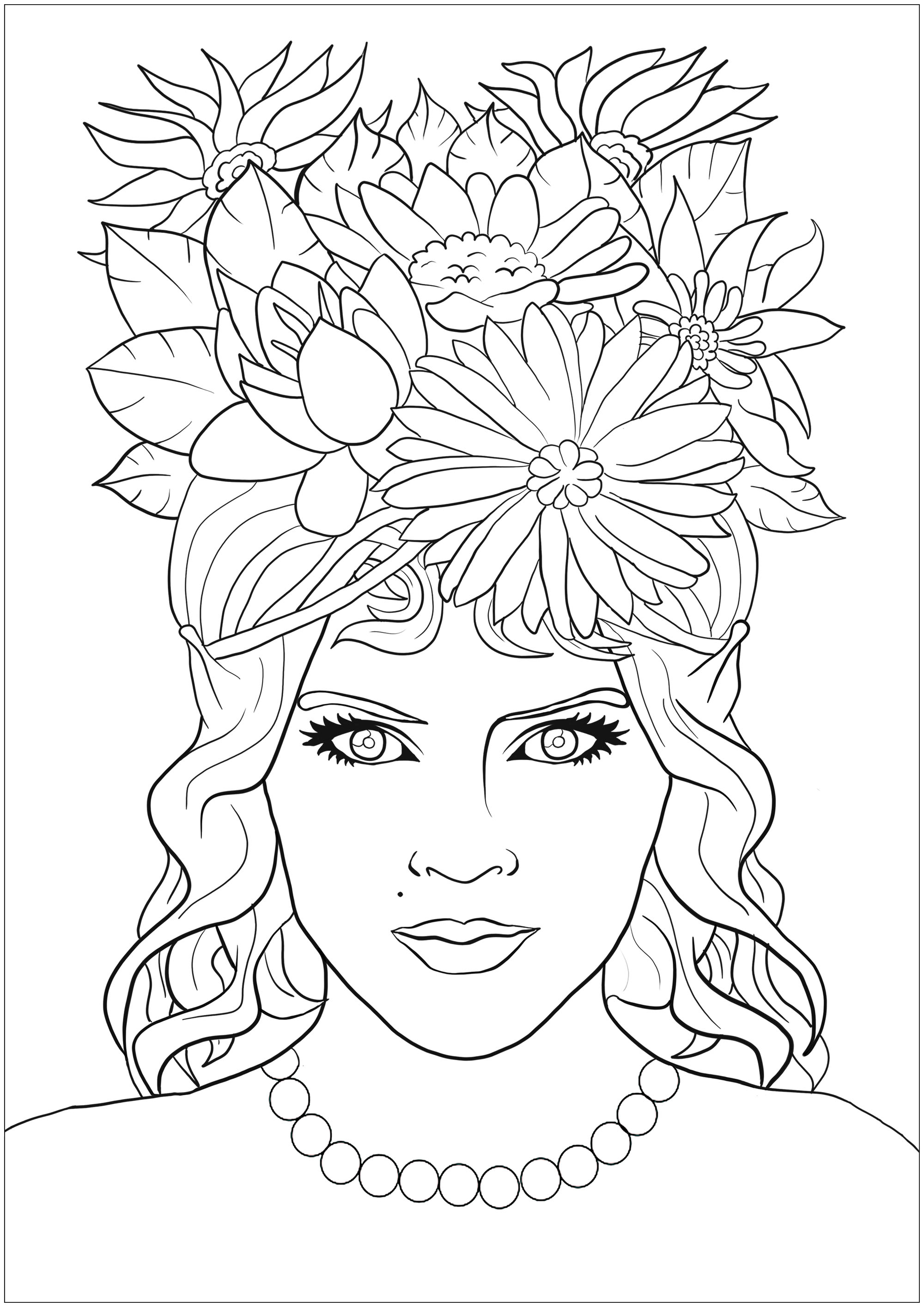 Beautiful fantasy elf woman with hypnotic gaze, with hair full of flowers, Artist : Gamma