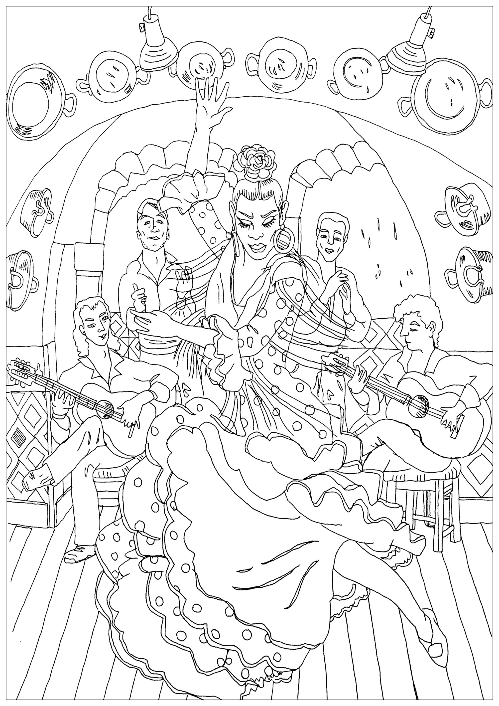 Flamenco, whose roots are Andalusian, is a passionate dance that involves a lot of improvisation.  Color this beautiful coloring page with music !