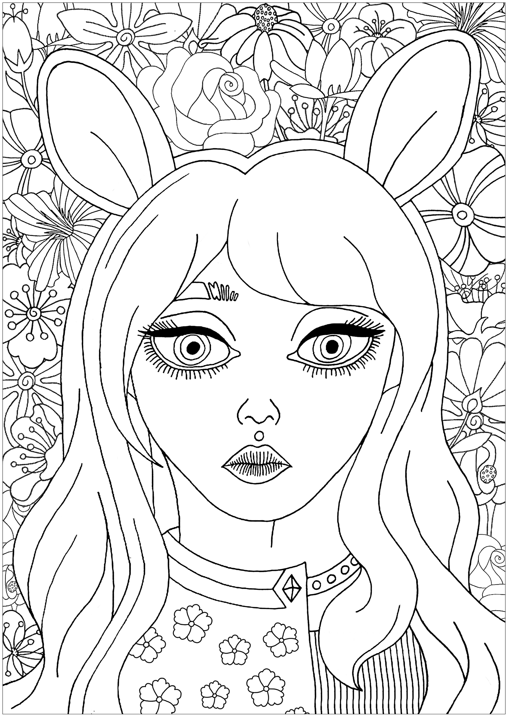 Cute portrait of a girl with bunny ears, with beautiful flowers for coloring in the background, Artist : Lucie