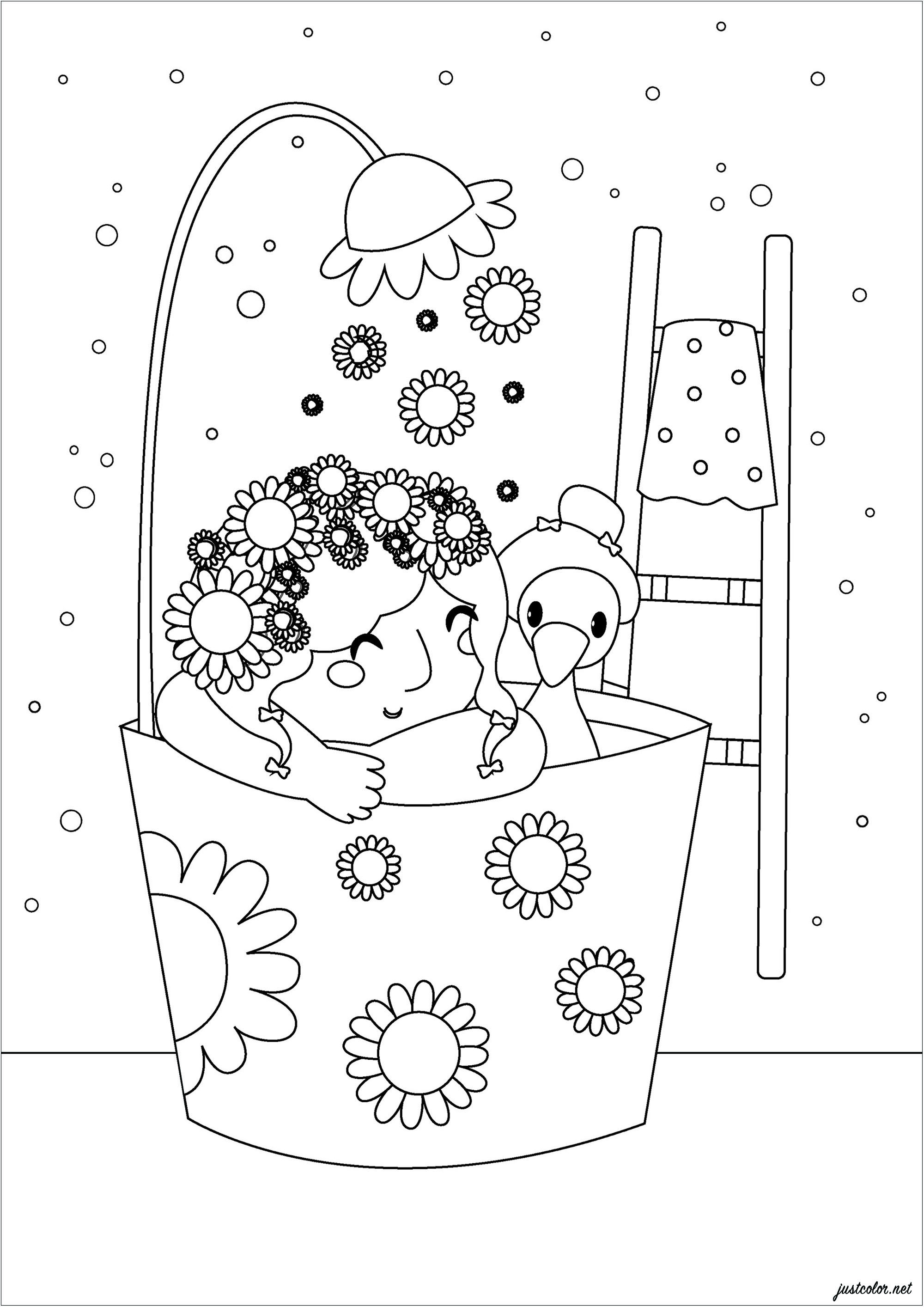 A funny bath whose shower is a flower ... A very Zen moment awaits you with this pretty coloring book, Artist : Gaelle Picard