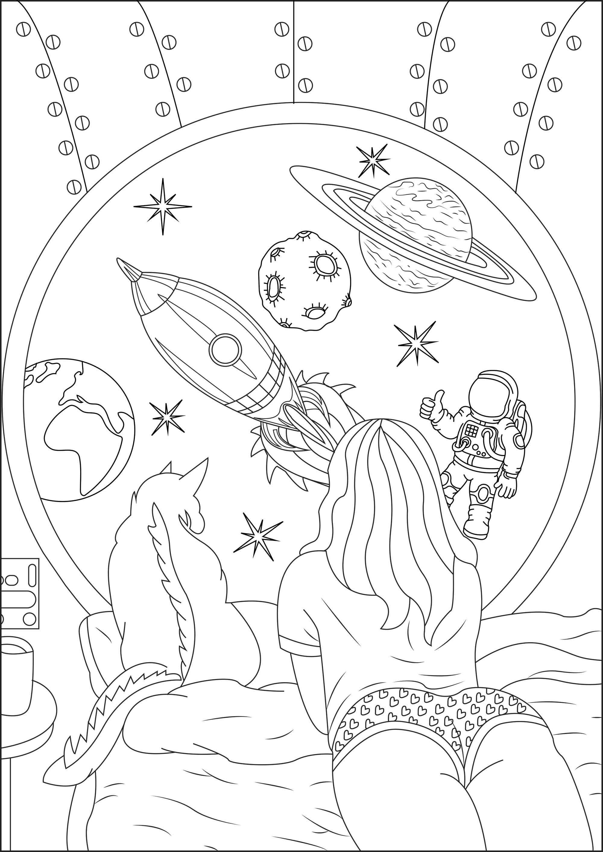 Girl dreaming of space travel with her cat. Through the porthole of her shuttle, she sees: a rocket, the moon, the Earth, an asteroid, Saturn, an Astronaut, and pretty, bright stars, Artist : Caillou