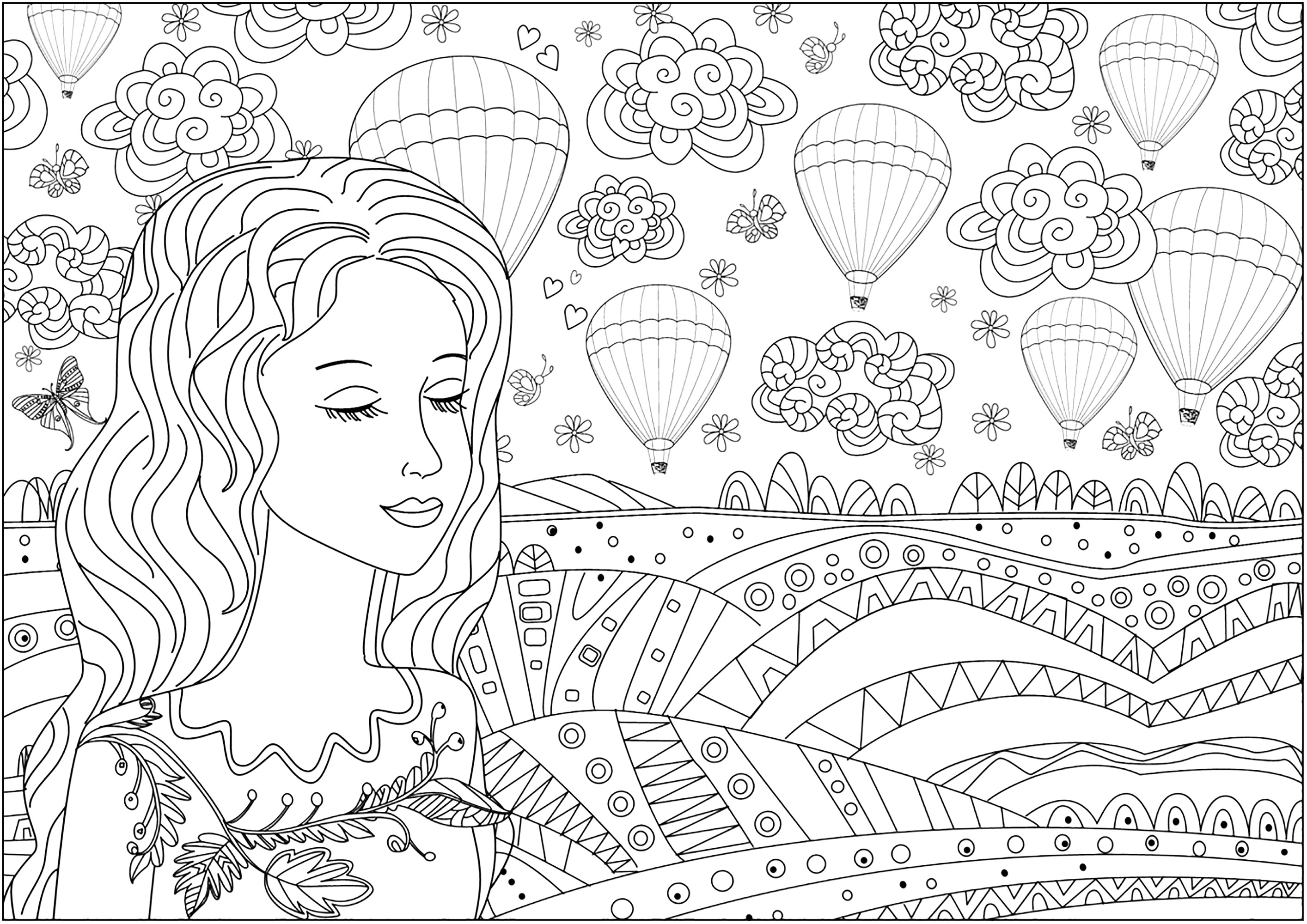 Reflective woman in front of a plain and hot-air balloons in the sky. Many details to color in this pretty and original coloring page.
