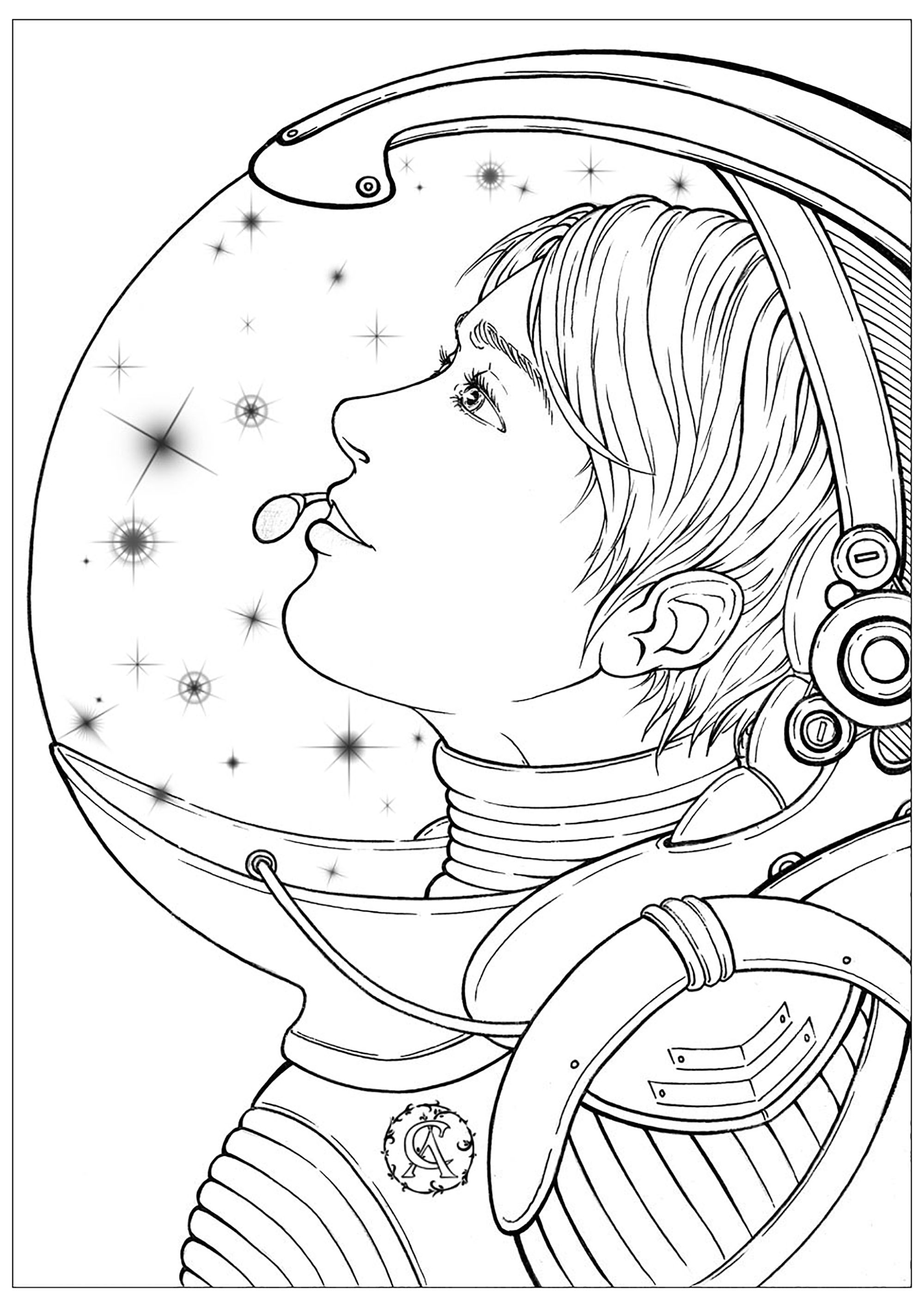 This astronaut in a spacesuit dreams of the stars she'll be exploring. This coloring page is an invitation to dream and escape to the stars. It shows an astronaut in profile, dressed in a space suit, contemplating the starry sky. Strangely enough, the stars are in her helmet!Her eyes sparkle with wonder and dreams, and she's already imagining the adventures that await her in space. She's ready to set off and discover the wonders hidden in the universe, Artist : Asantassi