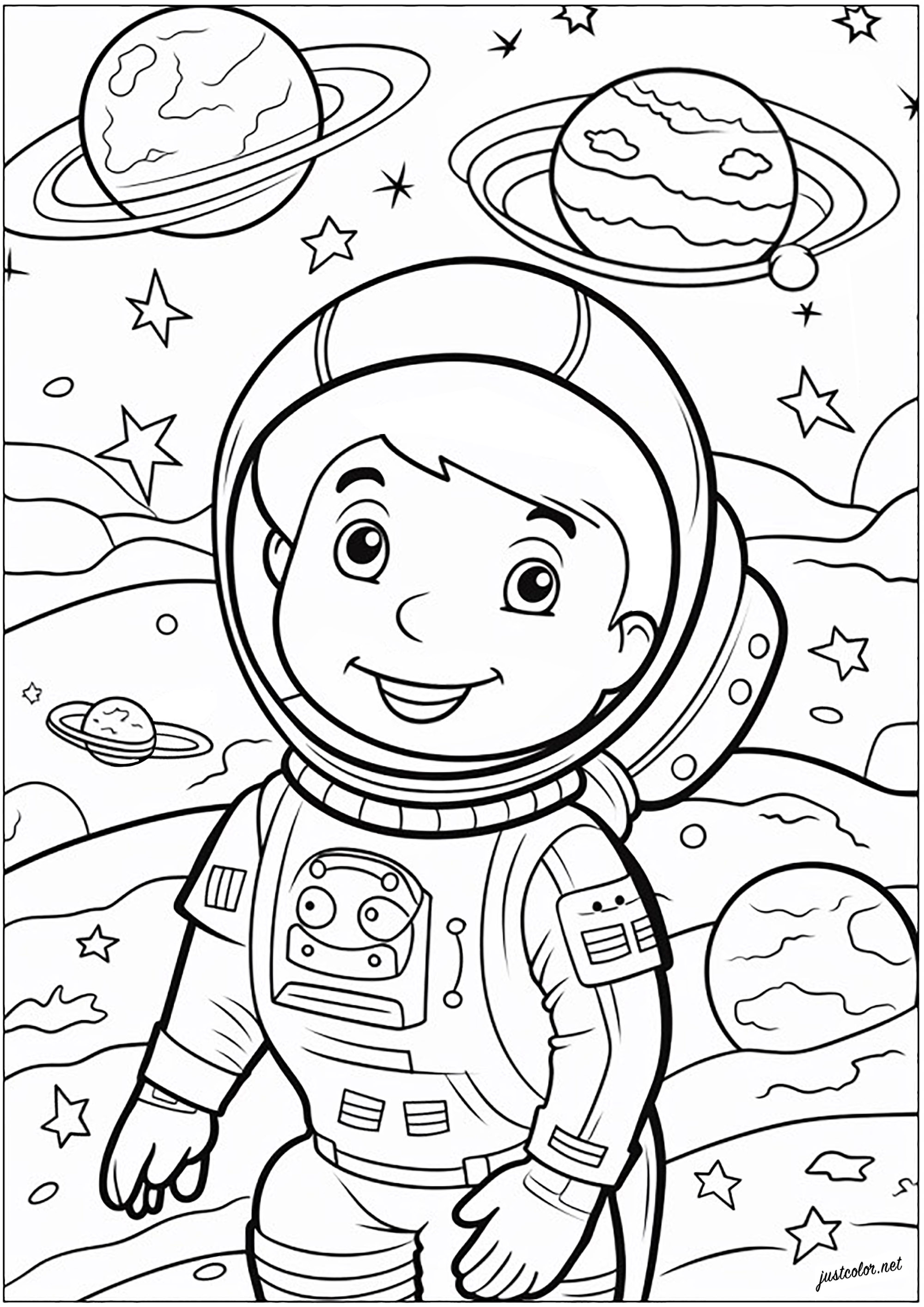 Coloring page of a little astronaut. Young astronaut depicted in space, floating among stars and planets