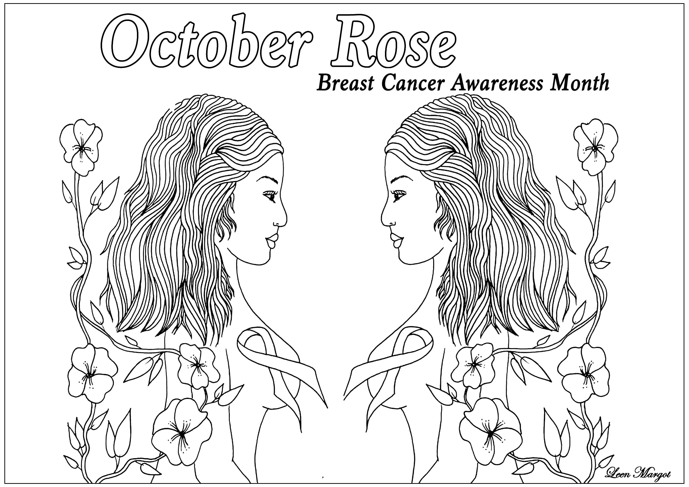 Exclusive coloring page created for October rose : Breast Cancer Awareness Month (Version 2), Artist : Leen Margot