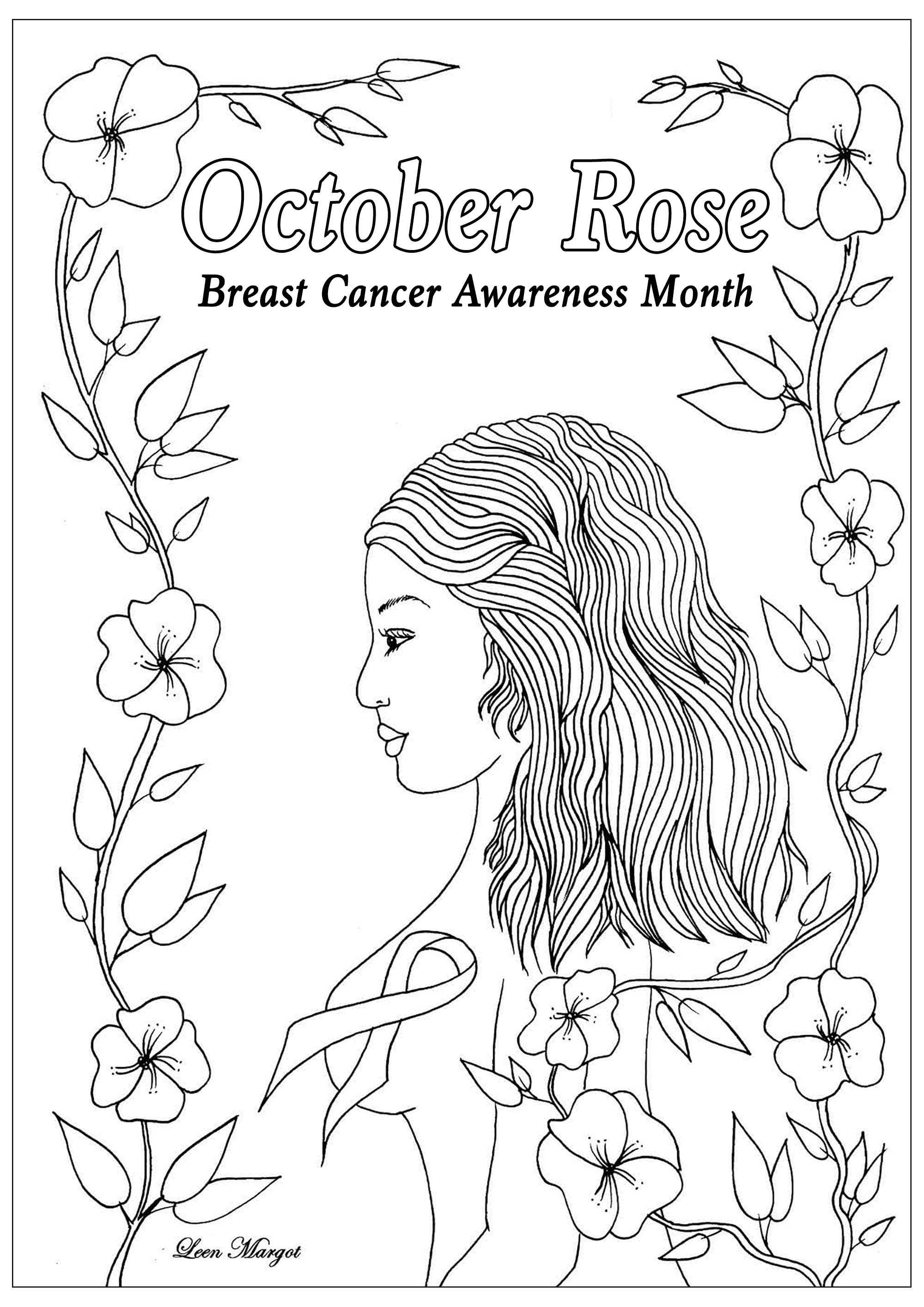 Exclusive coloring page created for October rose : Breast Cancer Awareness Month (Version 1), Artist : Leen Margot