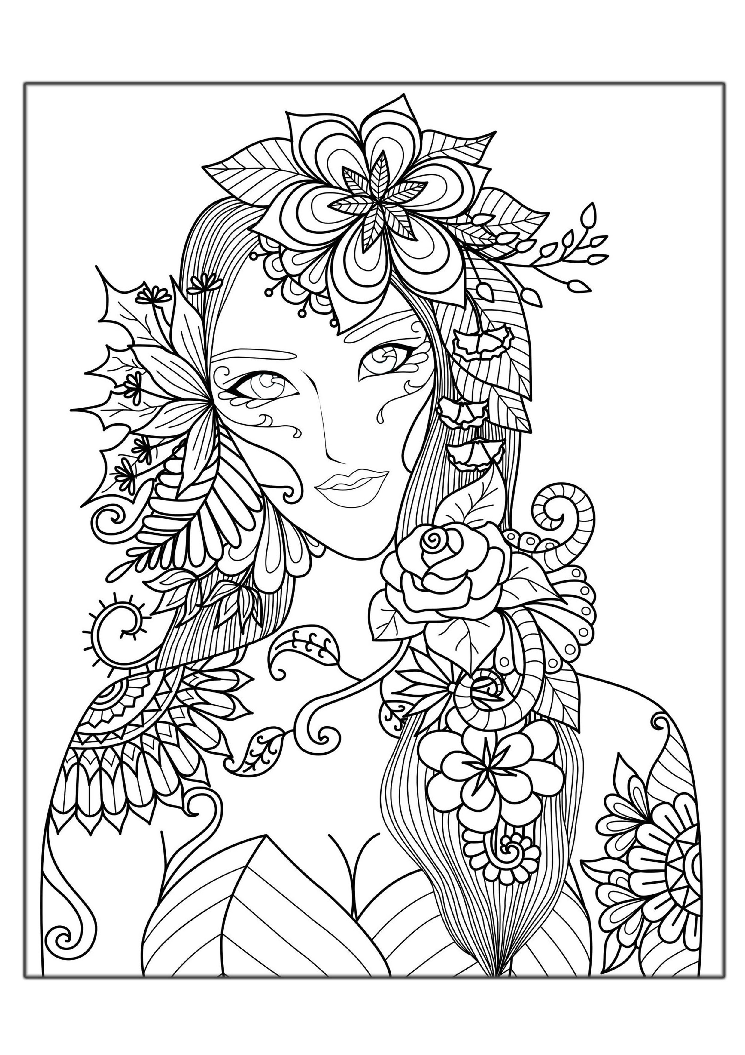 woman flowers anti stress adult coloring pages