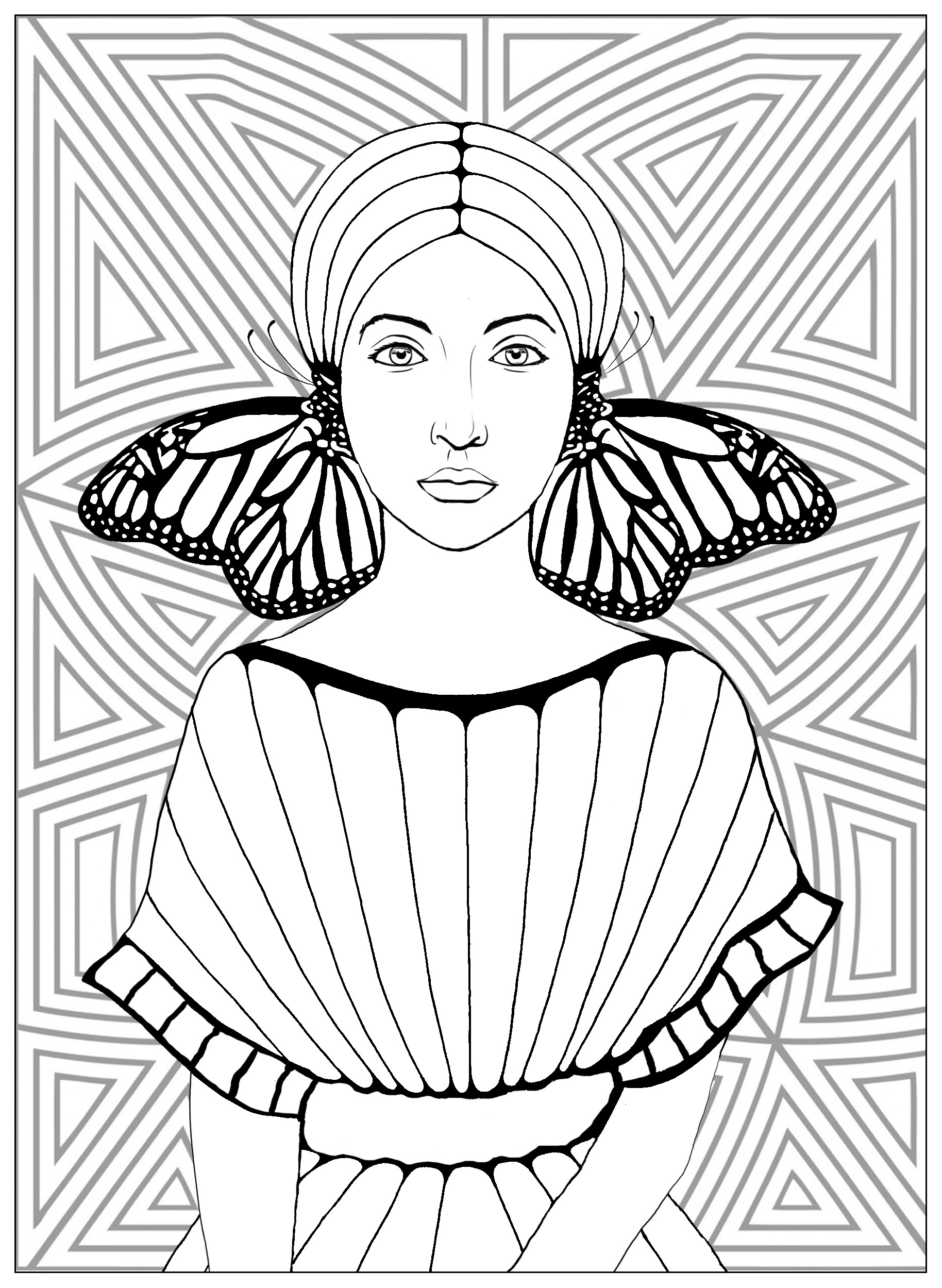 Butterflies girl Anti stress  Adult Coloring  Pages 