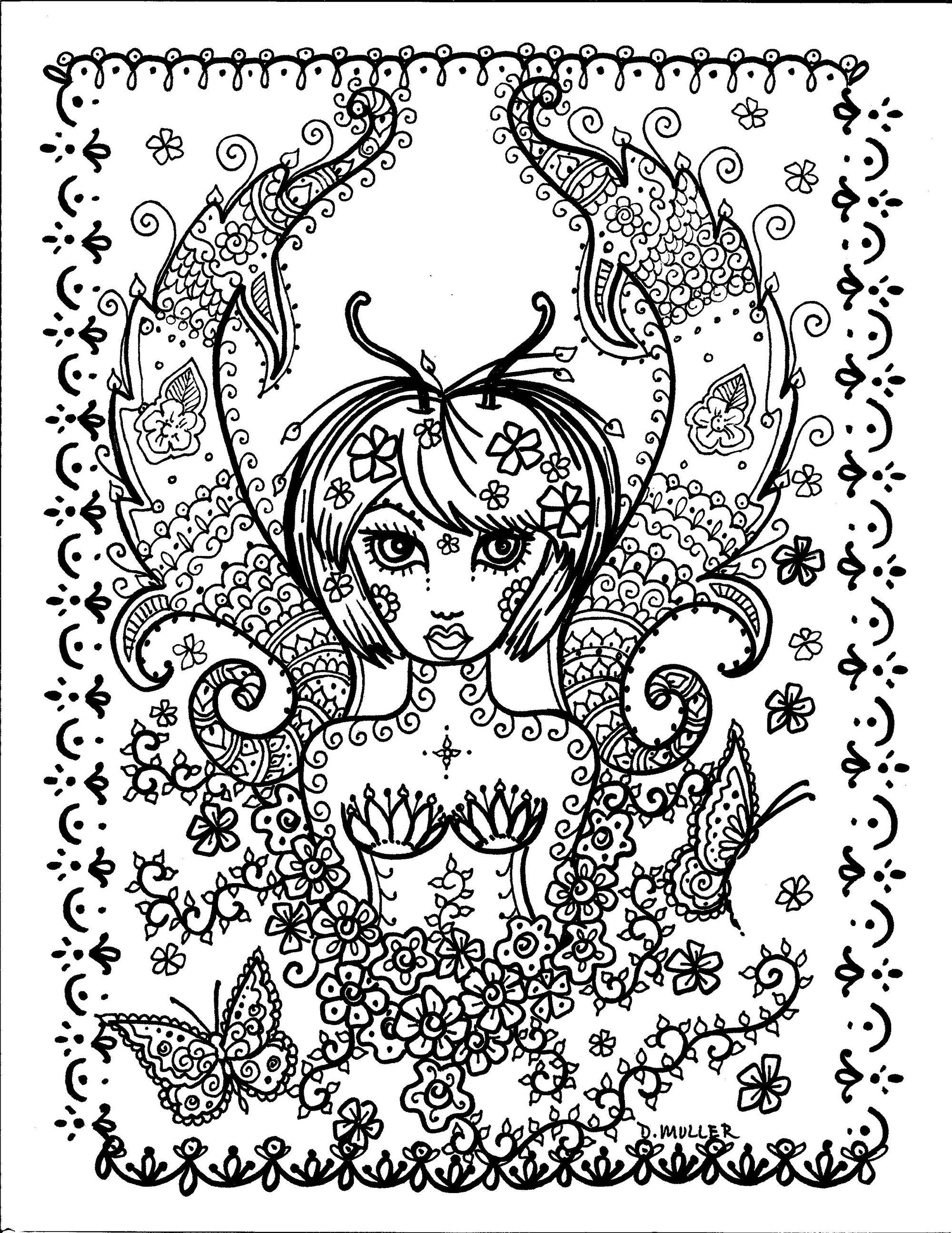 The butterfly girl. And here's a feminine character, a cross between a woman and a butterfly...Her wings are beautifully decorated, and it's up to you to color them in.This strange creature is surrounded by floral and abstract motifs... a great way to let your imagination soar!, Artist : Deborah Muller