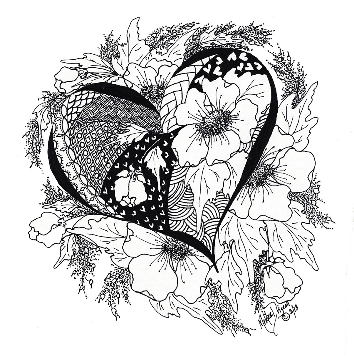 Heart with Flowers, Leaves, and beautiful abstract patterns