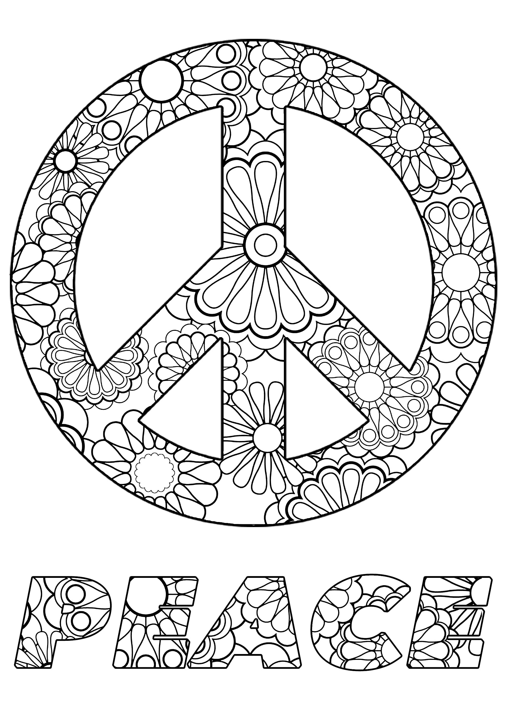 Color the Peace symbol and text, with beautiful flowers inside, Artist : Art. Isabelle