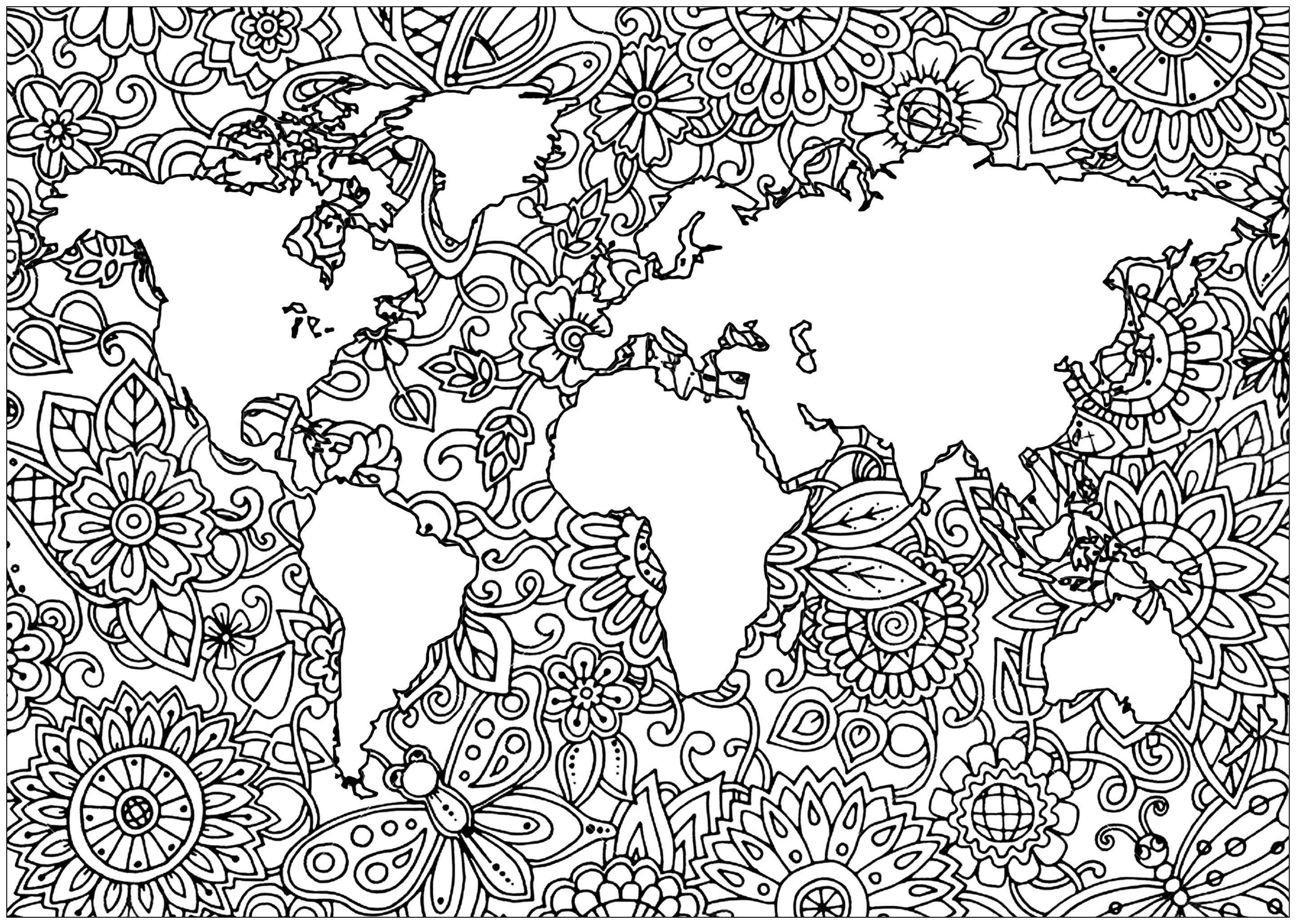 Planet Earth and its continents, with beautiful Flowers in the seas, Artist : Art. Isabelle
