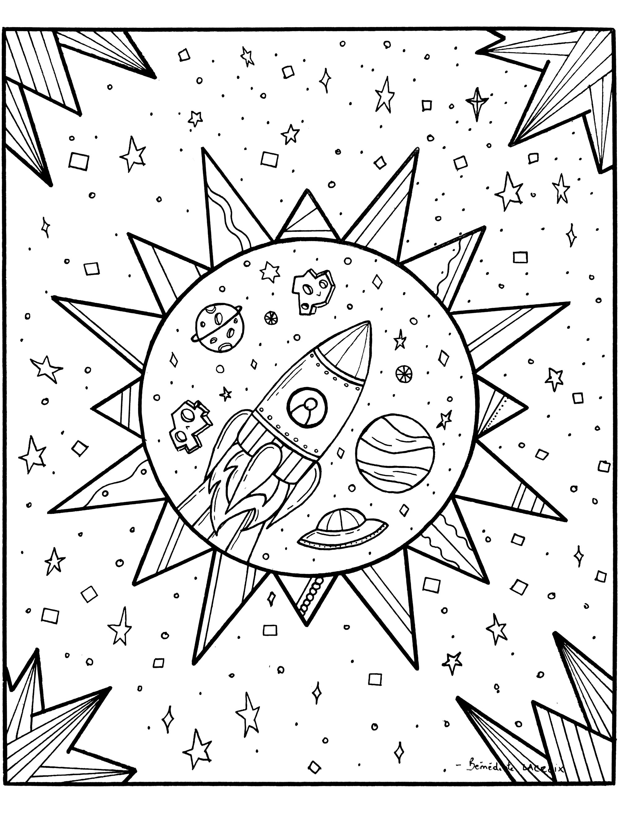 This rocket travels the galaxy's interstellar space. Color the planets, meteorites, shuttles and stars it encounters along the way, Artist : Bénédicte