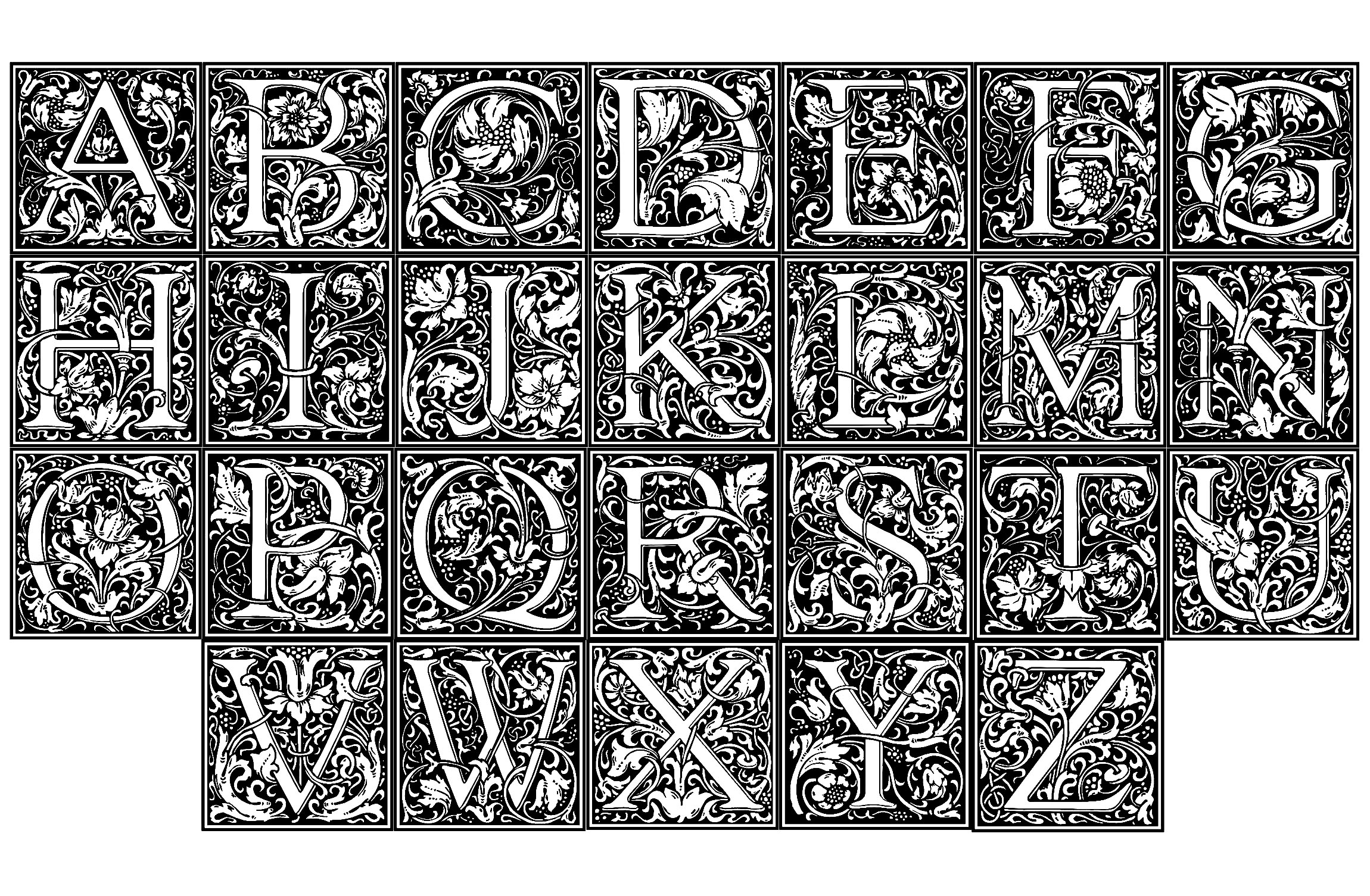 An entire Alphabet to color, created from illustrations by English artist William Morris (1834 - 1896). Each letter of the alphabet is embellished with typical Art