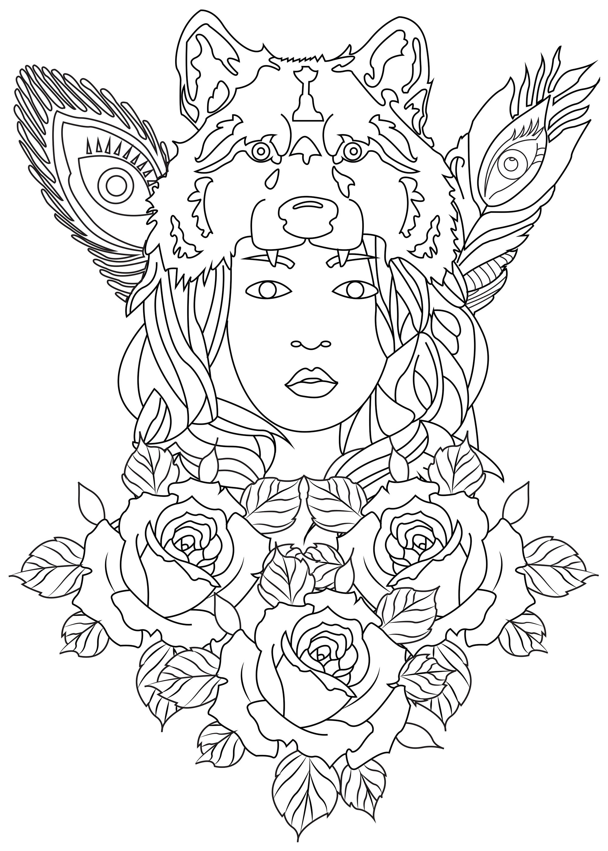 Color this 'Wolf Woman' and all the roses and feathers that surround her, Artist : Caillou