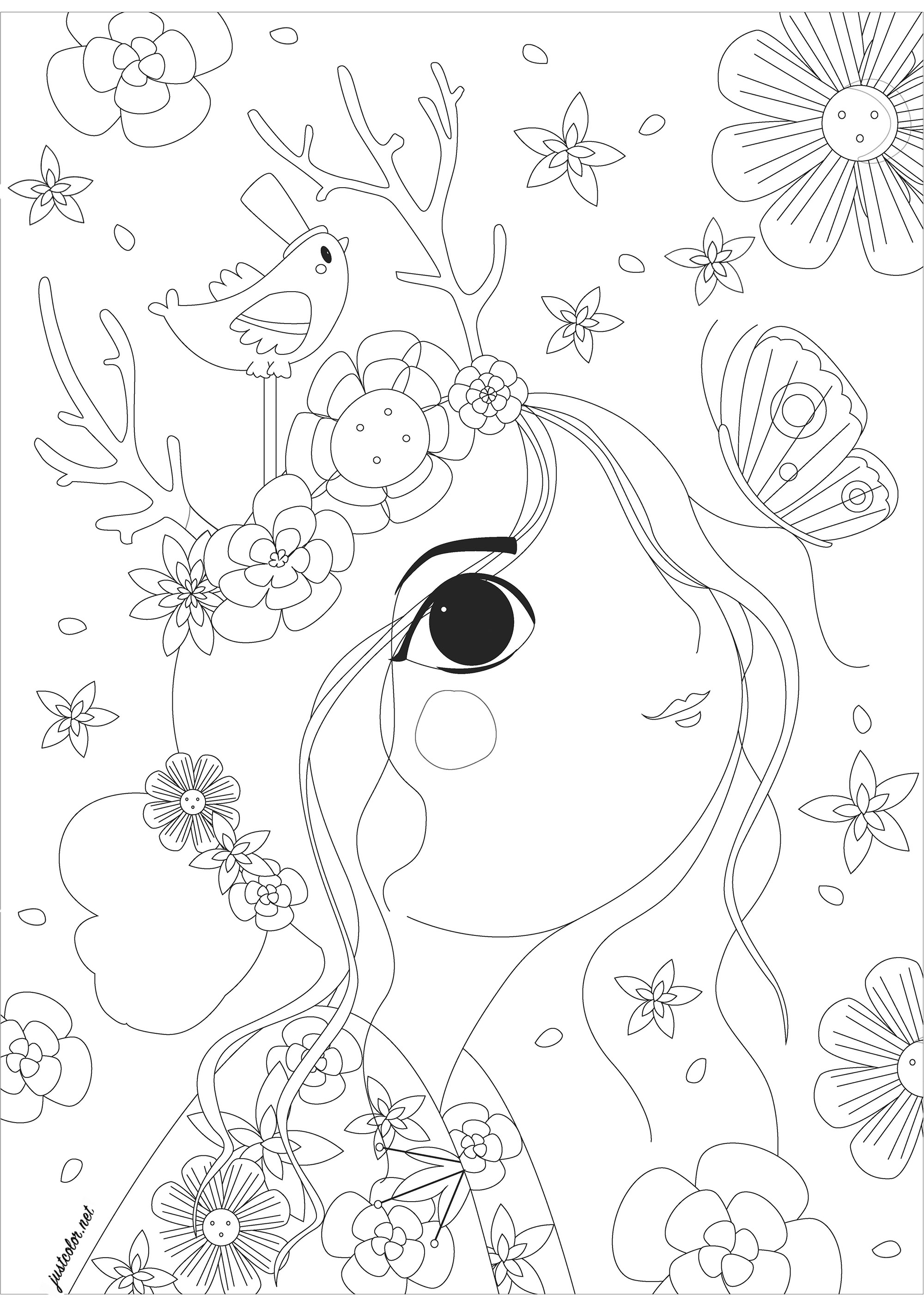 Woman seen in profile looking at a butterfly, surrounded by flowers. A very soothing coloring page, just waiting for beautiful colors for all those flowers, butterfly, pretty little bird and female character drawn with a unique style, Artist : Gaelle Picard
