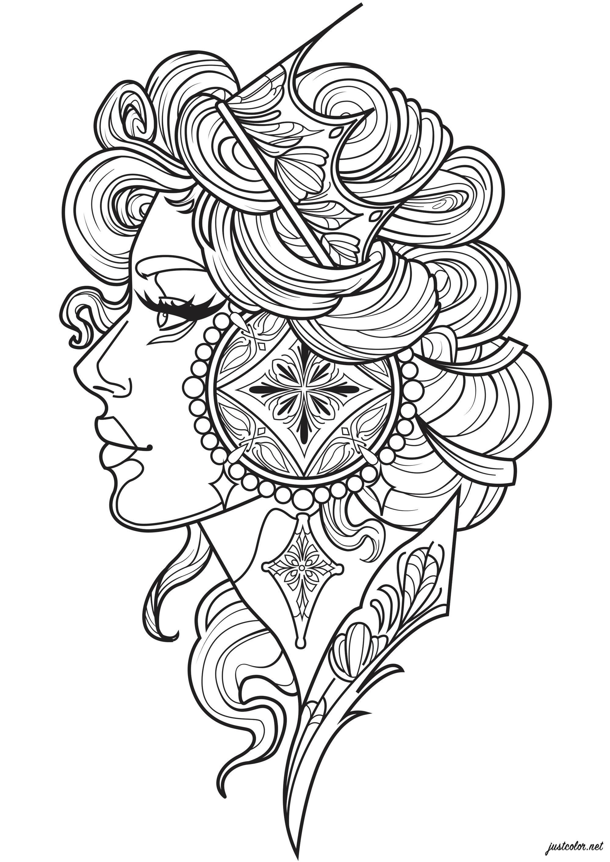 Woman in profile with crown and earring - Anti-stress / Zen Coloring ...