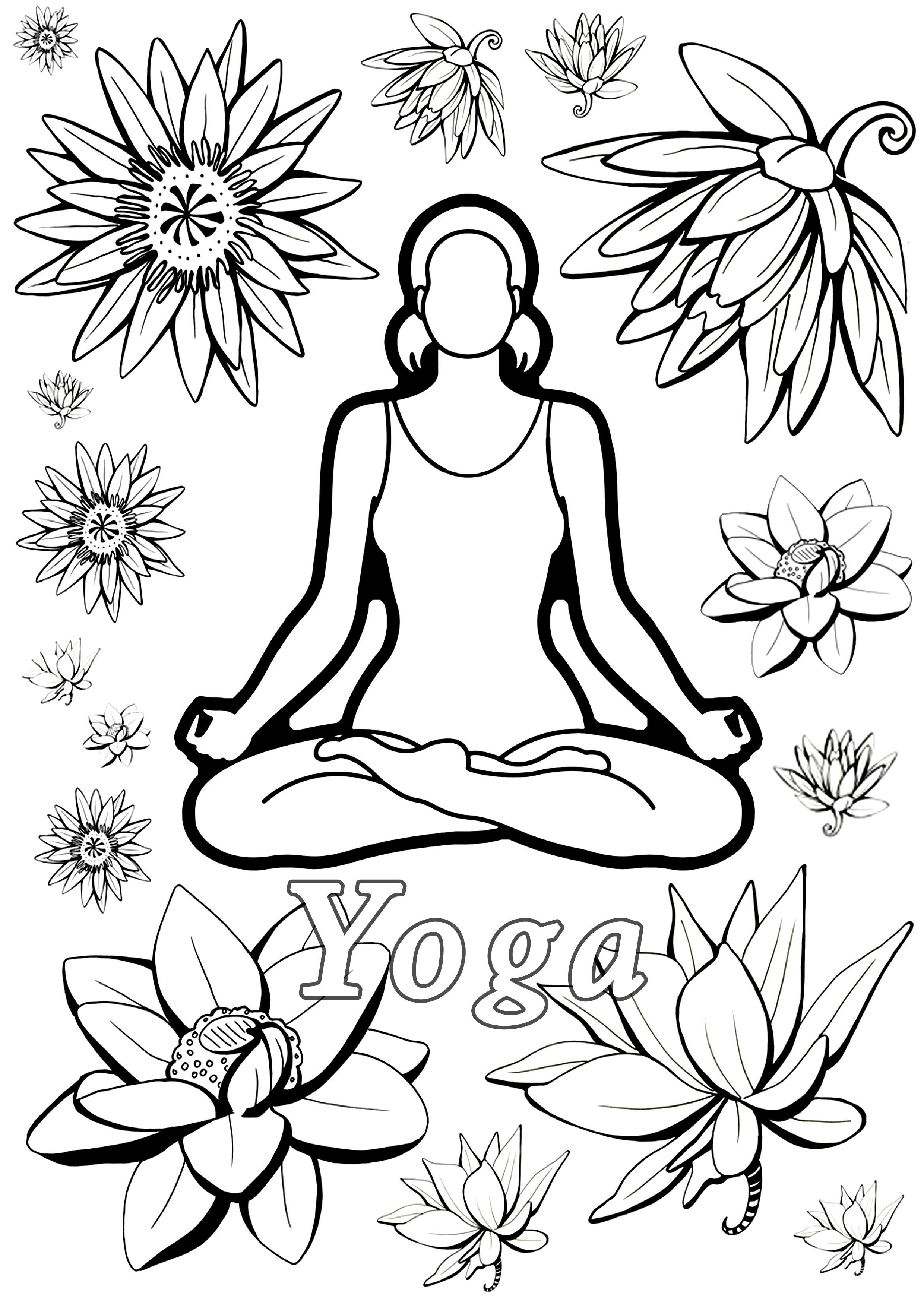 Coloring page inspired by Yoga : woman meditating and Lotus Flowers, Artist : Art. Isabelle