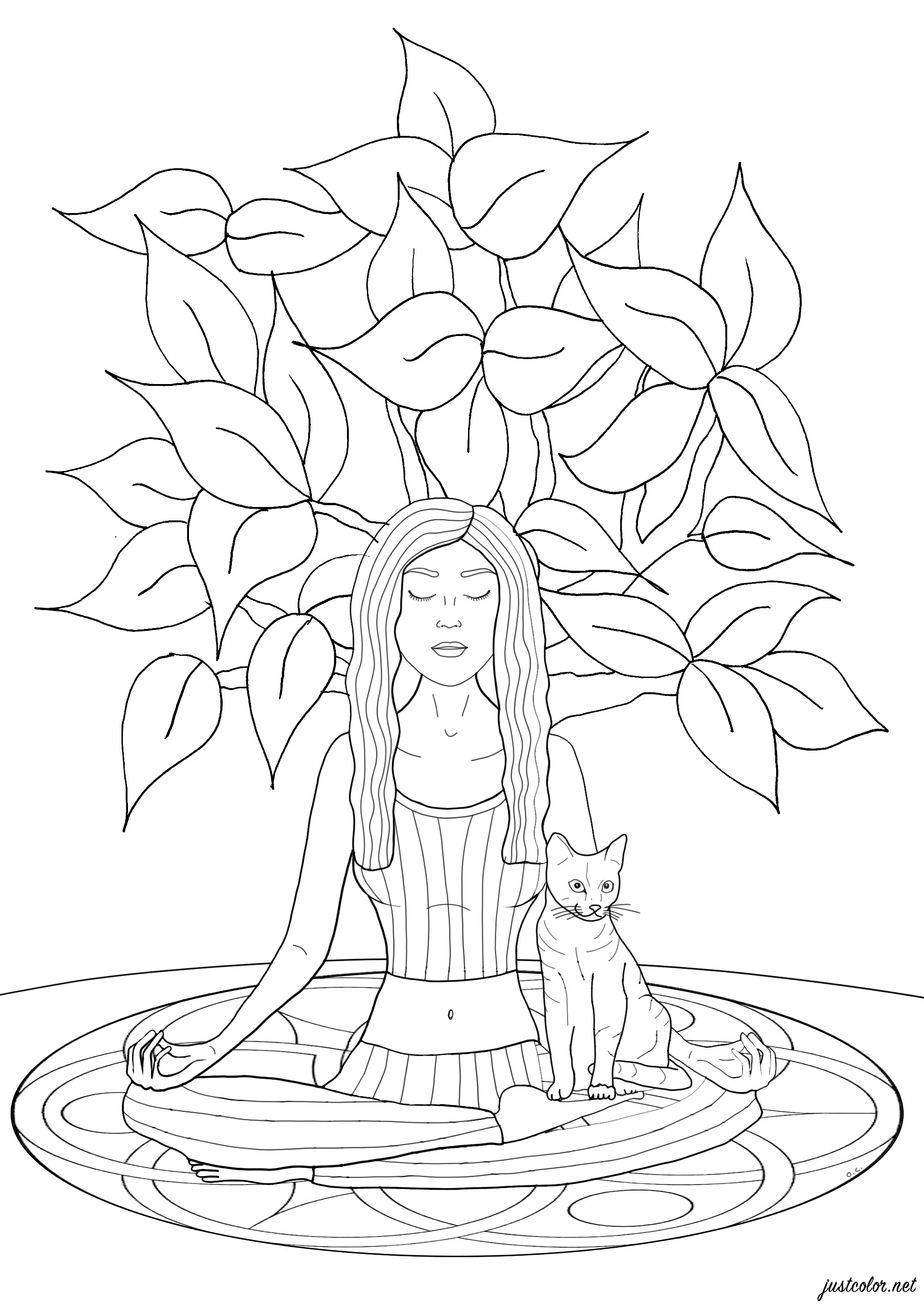 Woman doing yoga with her cat ... A tree grows behind her: the power of meditation?, Artist : Olivier