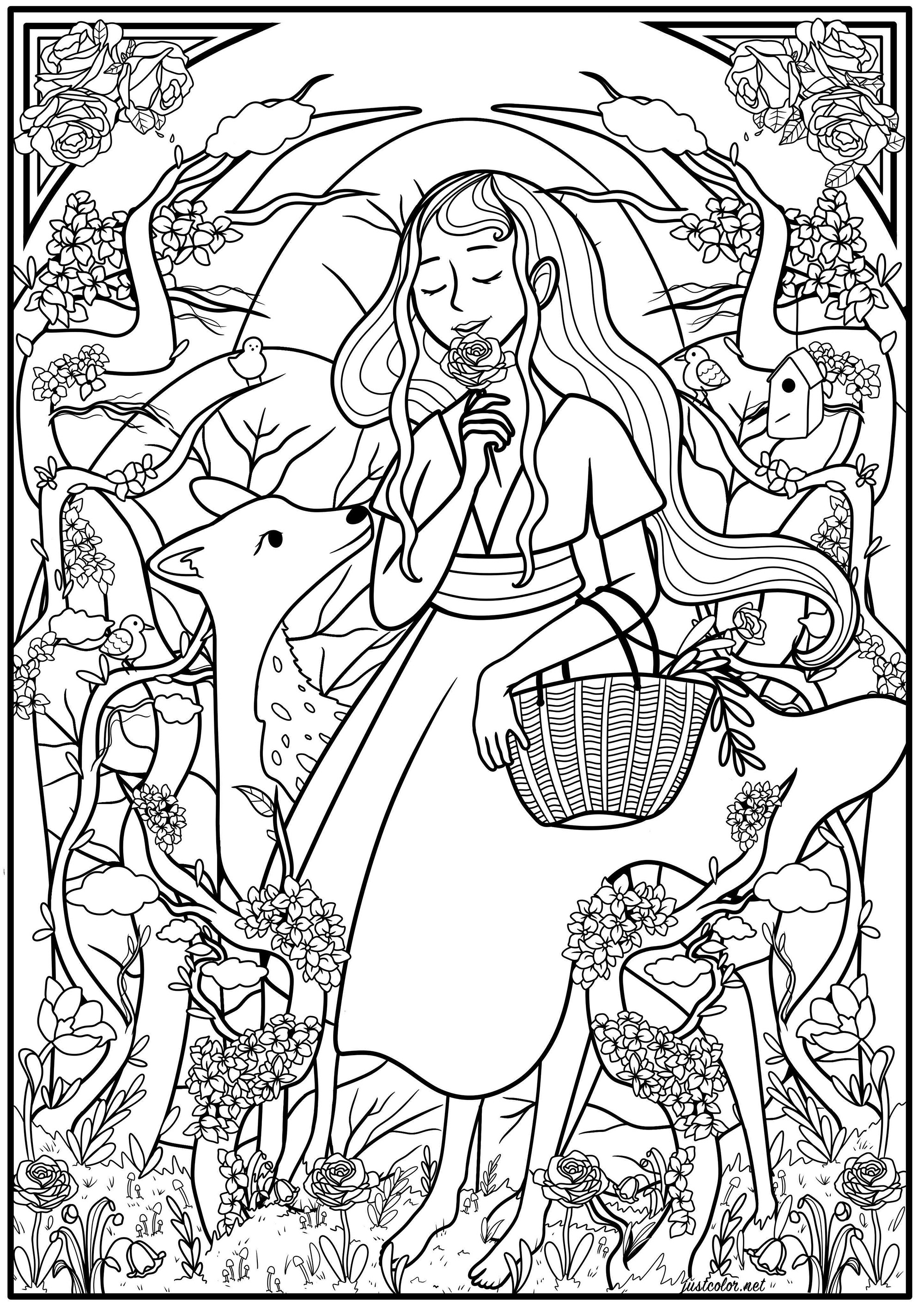 Young woman picking flowers in the forest, surrounded by lots of vegetation and a fawn accompanying her. This coloring page is inspired by the Art Nouveau style, Artist : Océane