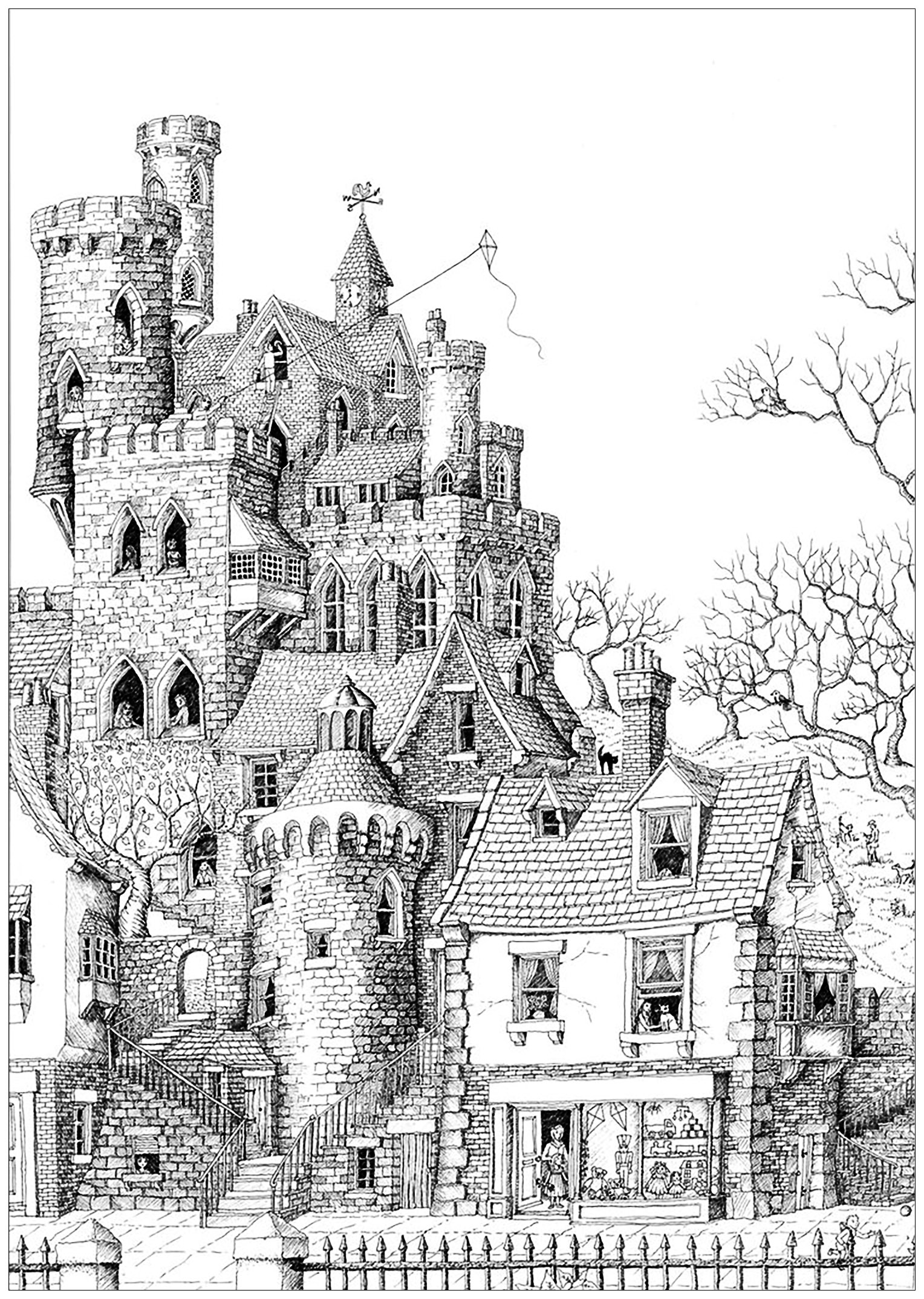 Castle in a village - Architecture Adult Coloring Pages