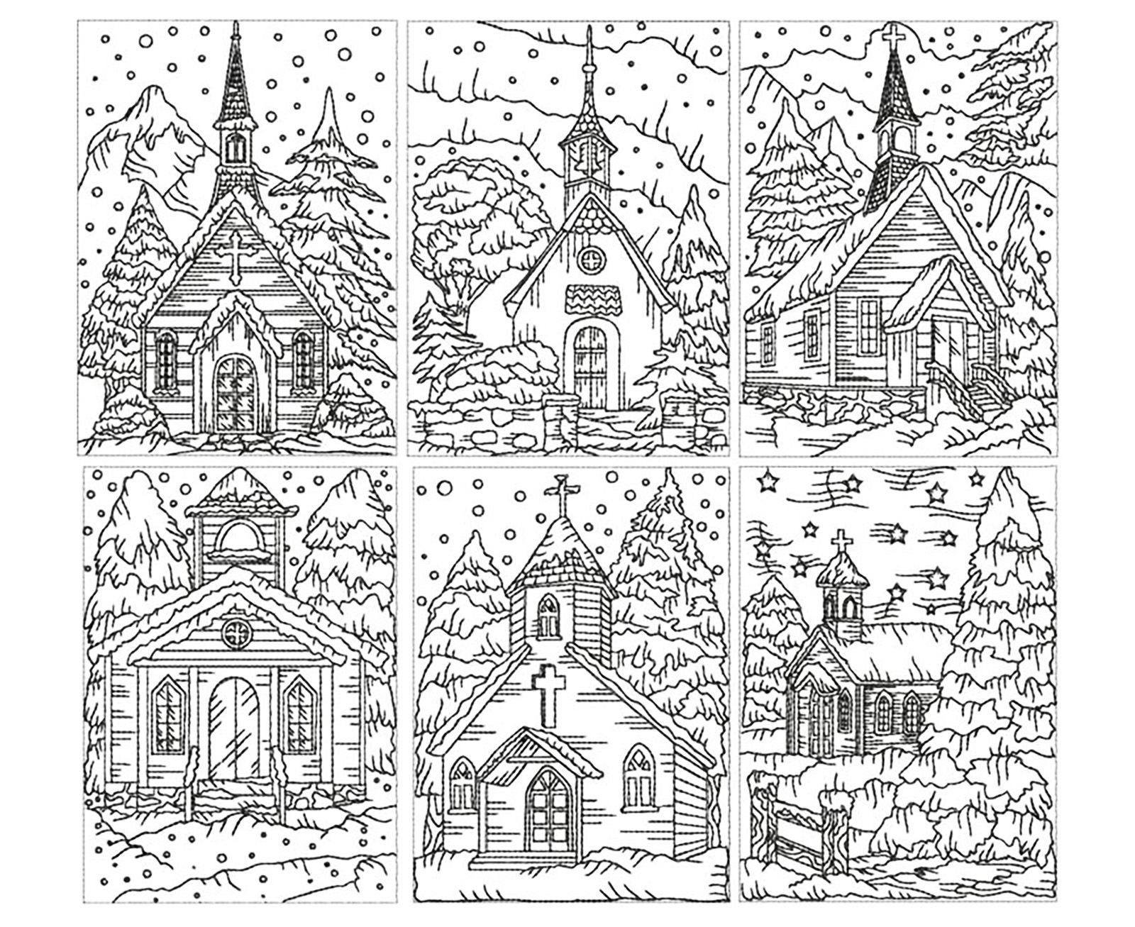 6 drawings of cute churches under the snow
