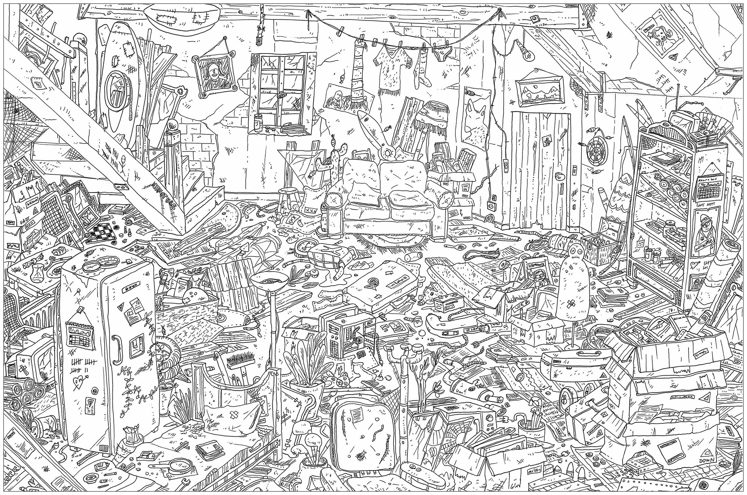 'Attic', a complex coloring page, 'Where is Waldo ?' style, Artist : Frédéric Brogard