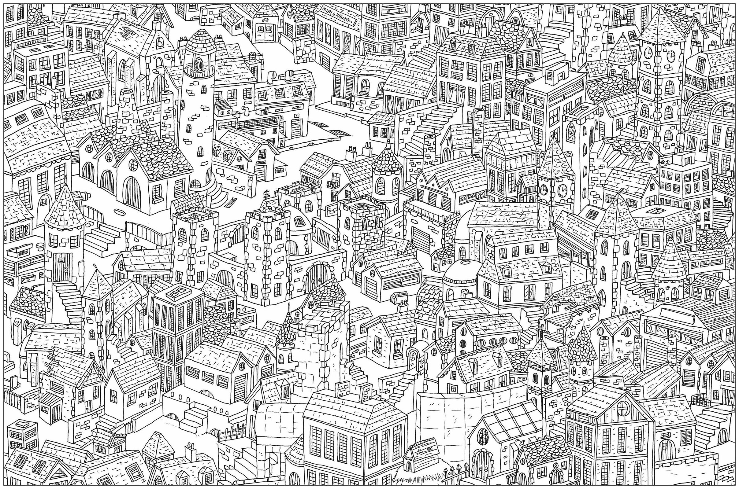 'The city', a complex coloring page, 'Where is Waldo ?' style, Artist : Frédéric Brogard