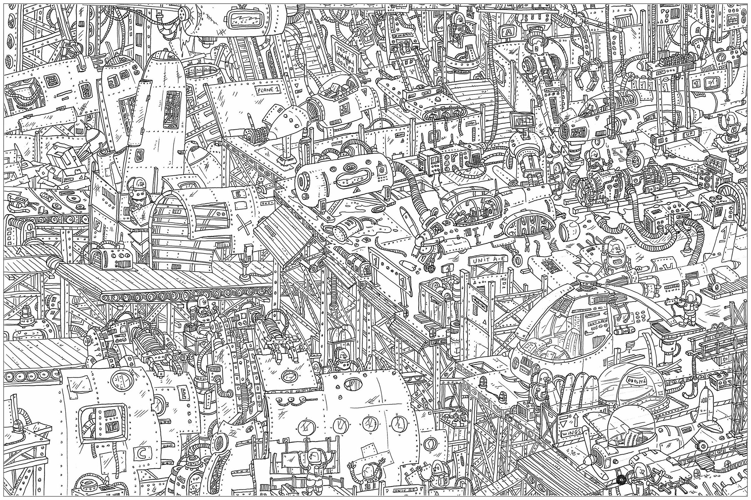 'Factory', a complex coloring page, 'Where is Waldo ?' style, Artist : Frédéric Brogard